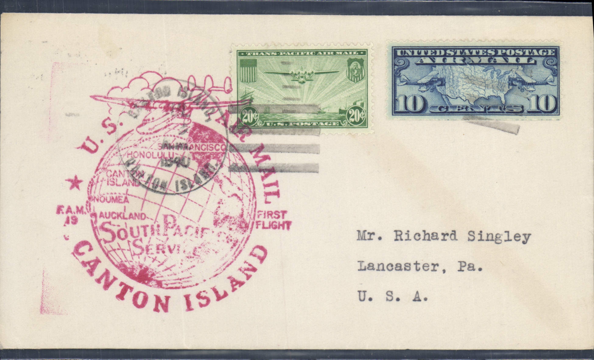 Lettre 1er vol Etats Unis Canton Island San Francisco 22 7 1940