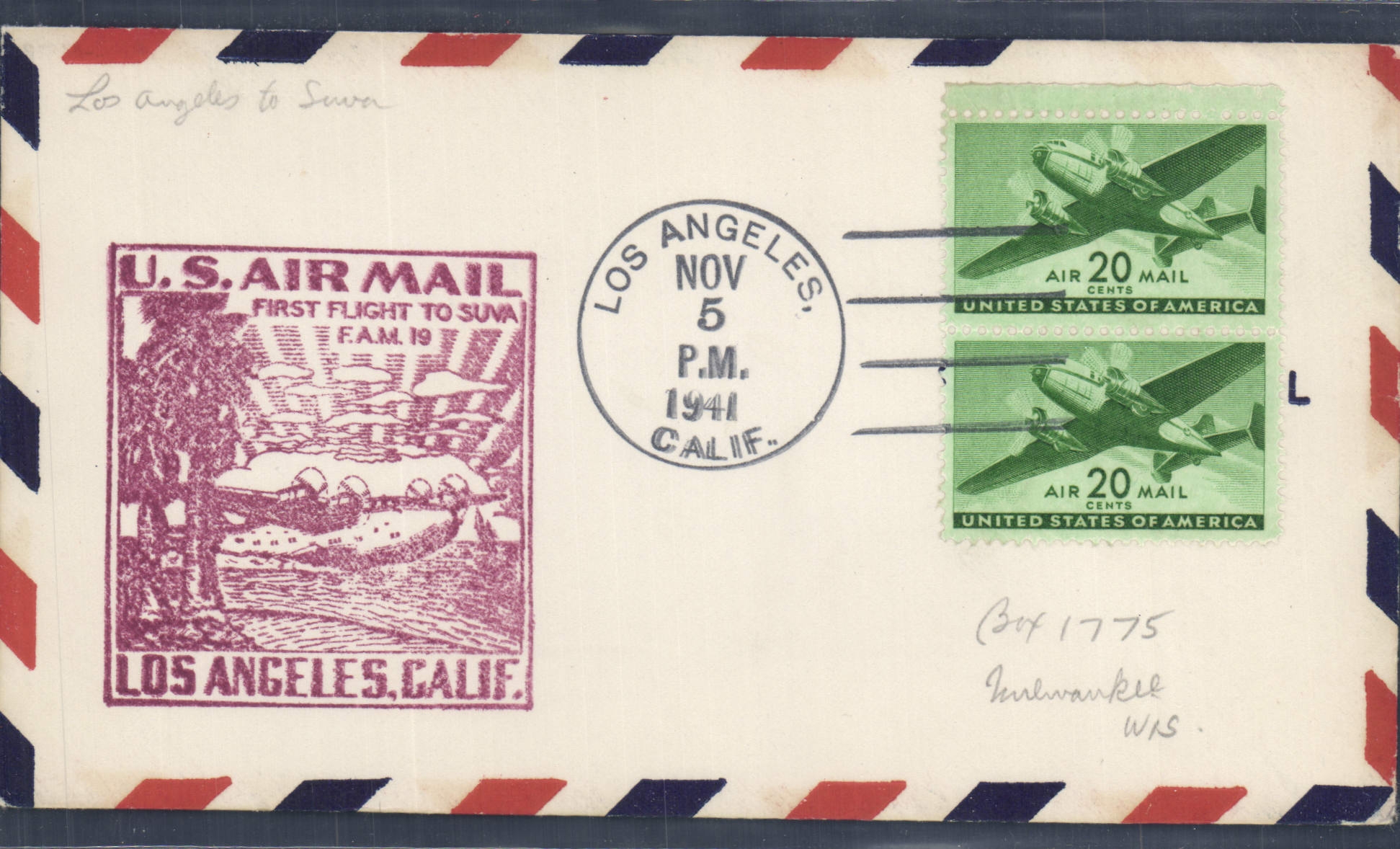 Lettre 1er vol Etats Unis Los Angeles Suva 5 11 1941 Fiji Fidji