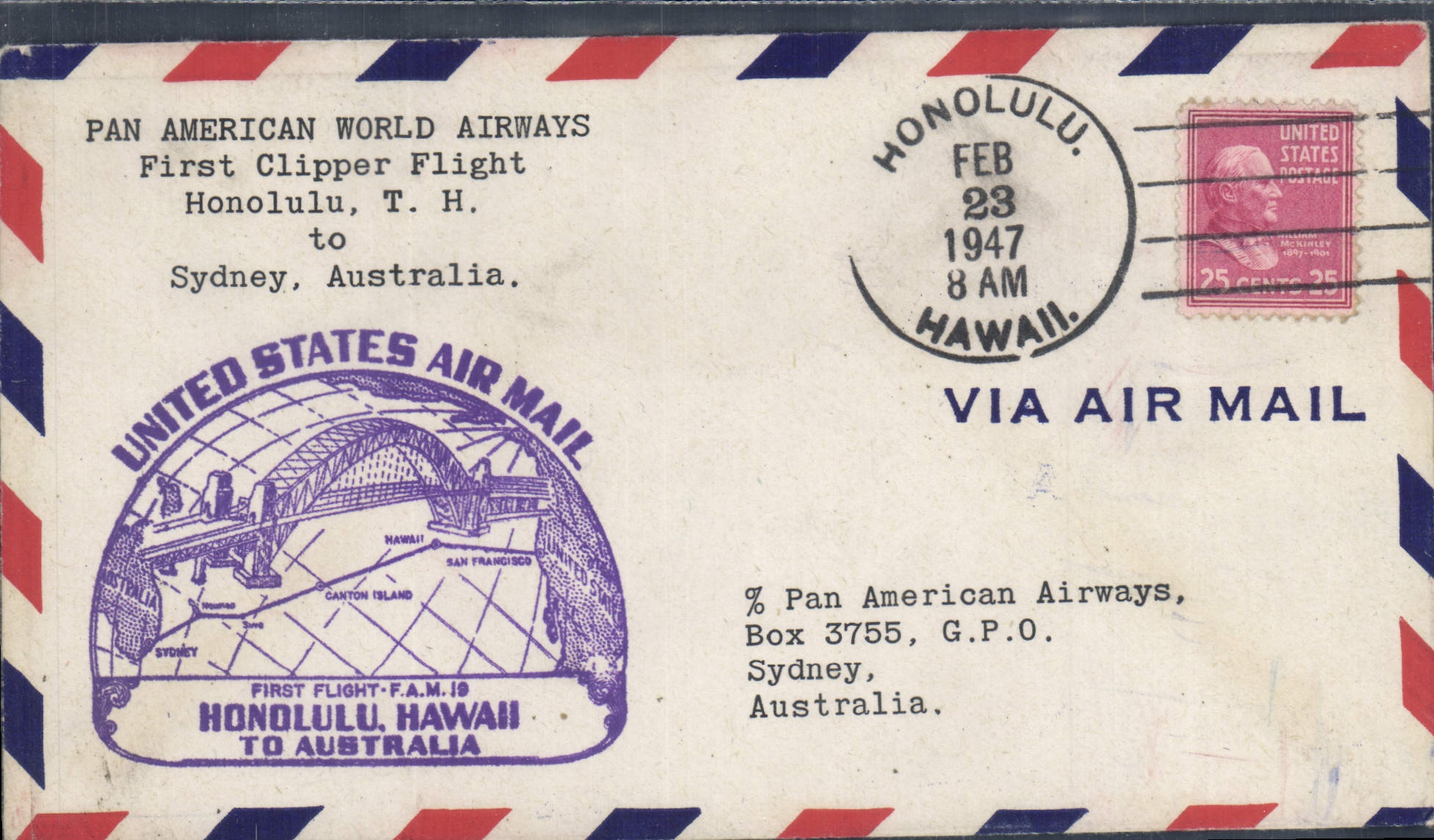 Letter 1st flight the United States Honolulu Sydney 23 2 1947