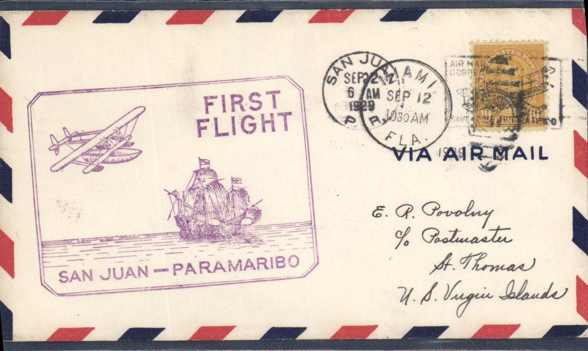 Lettre 1er vol Etats Unis San Juan Paramaribo 12 7 1929