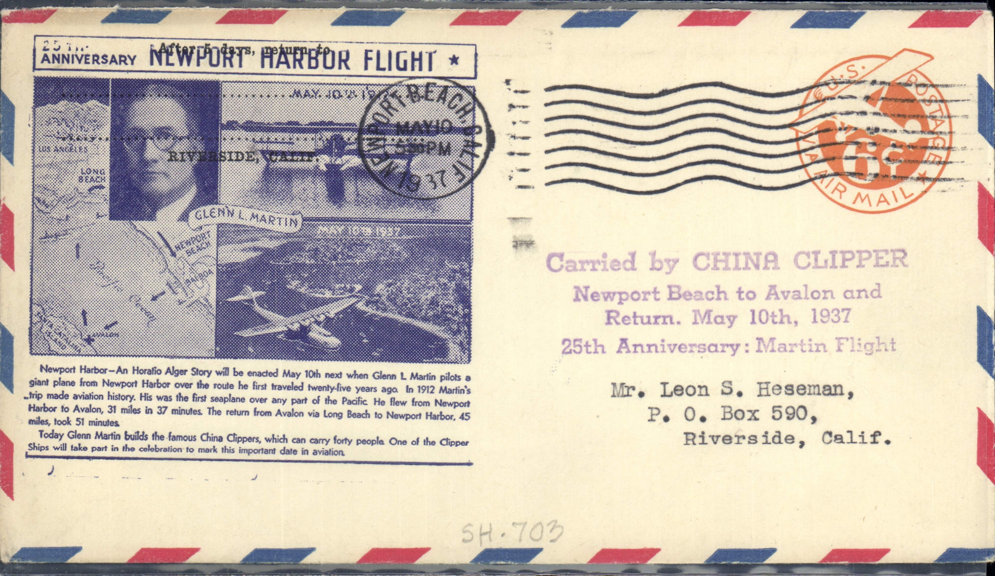 Letter 1st flight the United States Anniversary Newport Hairbour Flight 10 5 1937