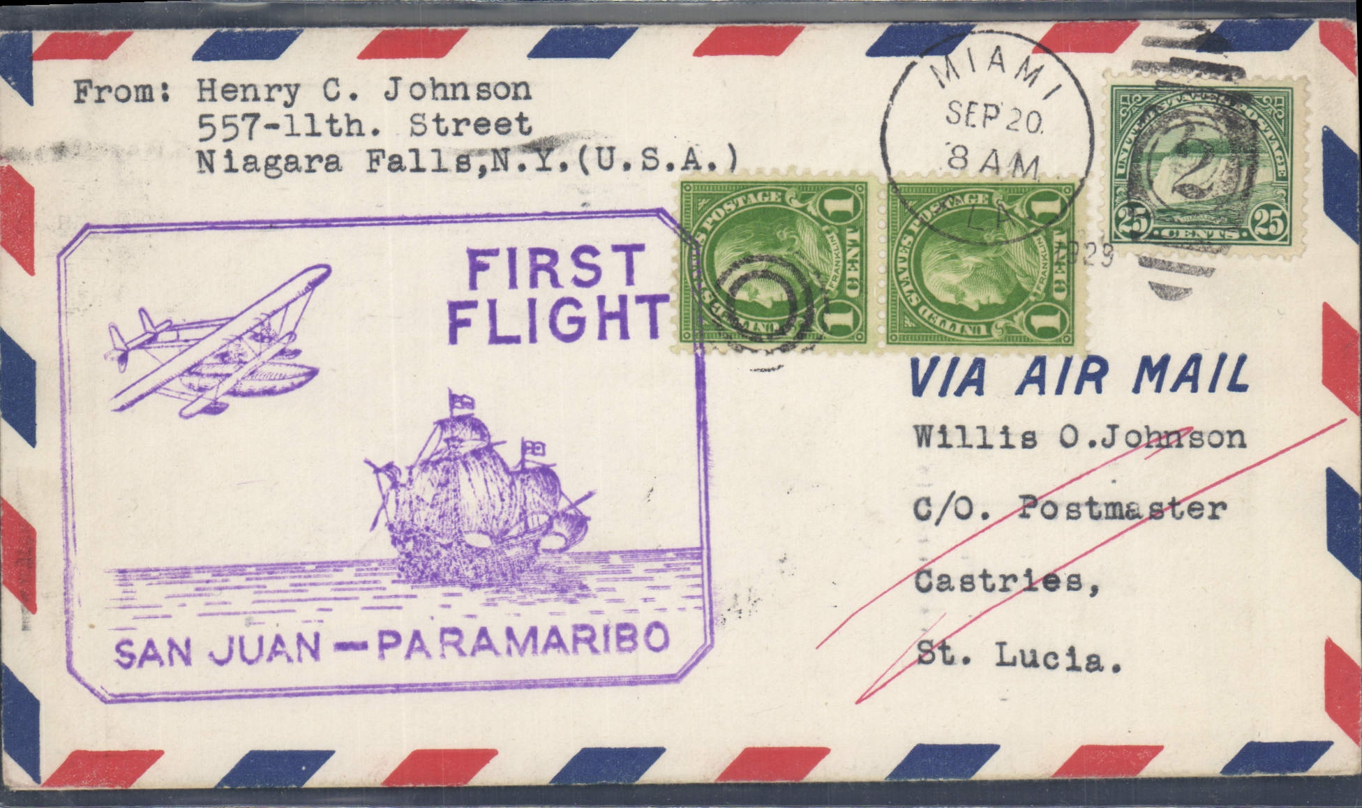 Lettre 1er vol Etats Unis san Juan Paramaribo 20 9 1929