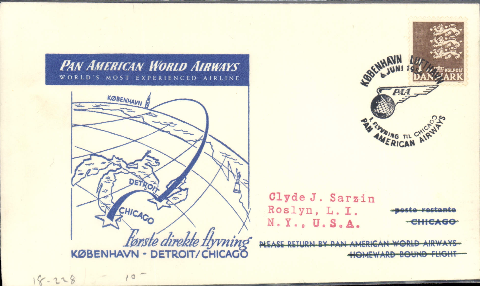 Lettre 1er vol Danemark Copenhague Detroit Chicago 7 6 1954