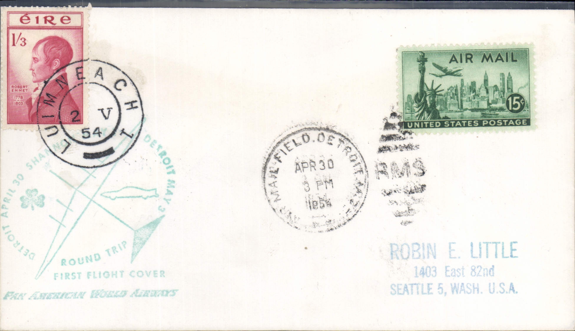 Letter 1st flight the United States Strait Ireland Strait Round Trip 30 4 1954