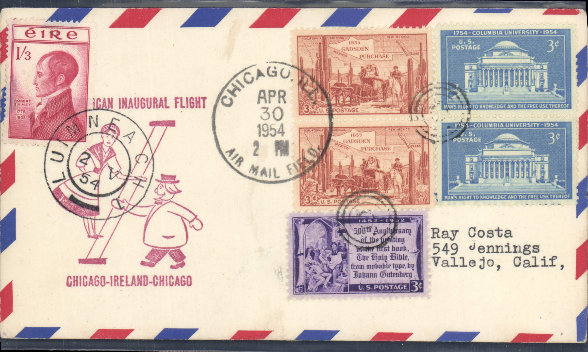 Letter 1st flight the United States Chicago Ireland Chicago 30 4 1954 Round trip