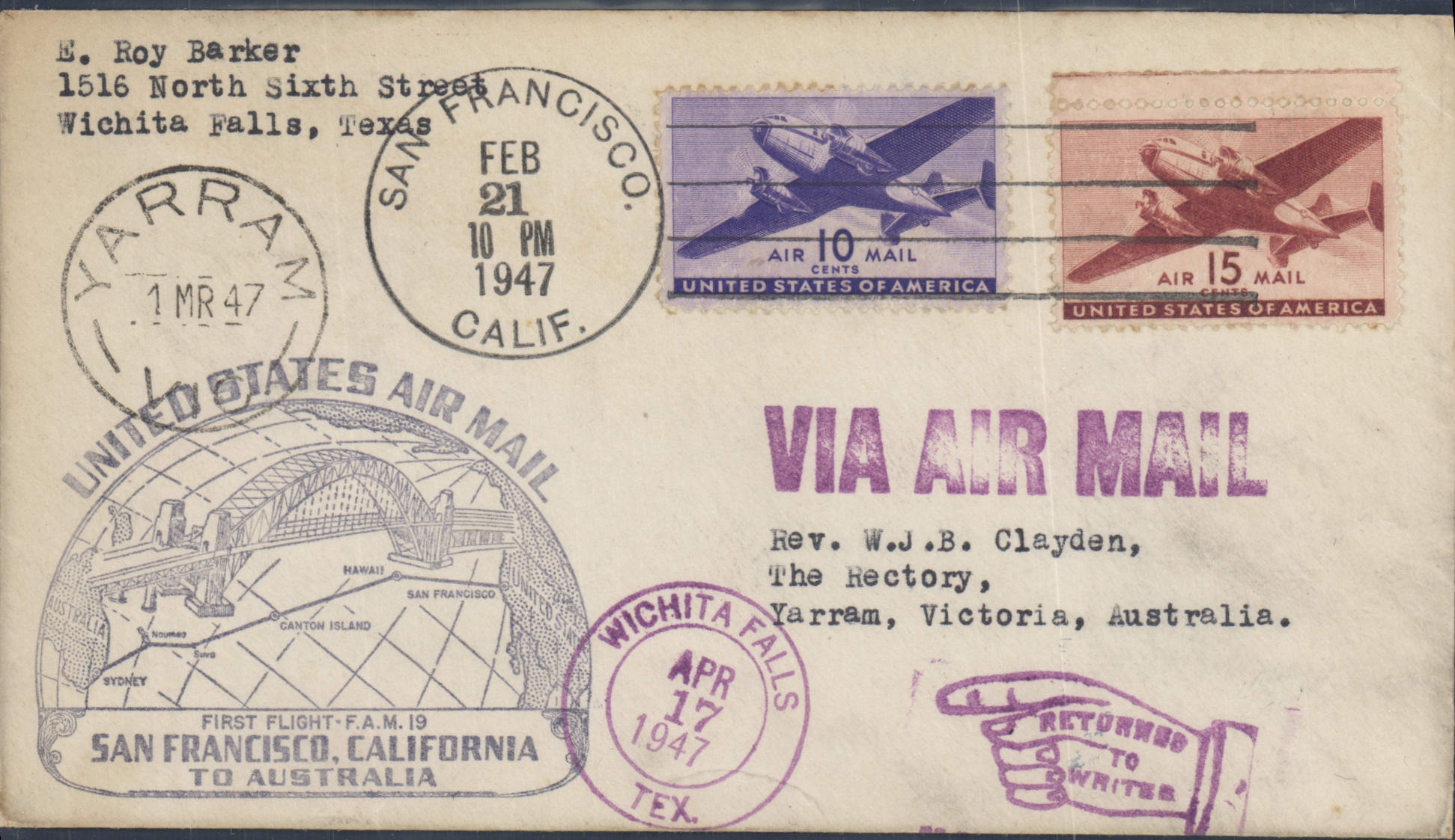 Lettre 1er vol Etats Unis San Francisco Australia 21 2 1947
