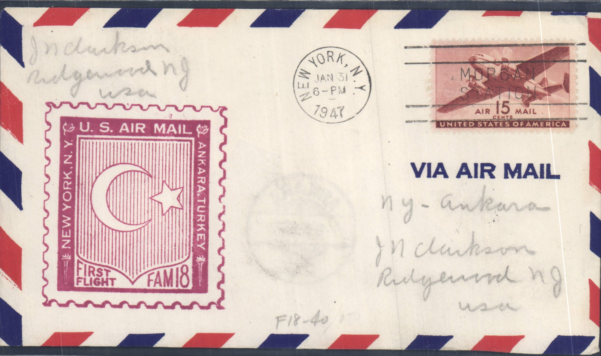 United States letter 1st flight New York Ankara 31 1 1947