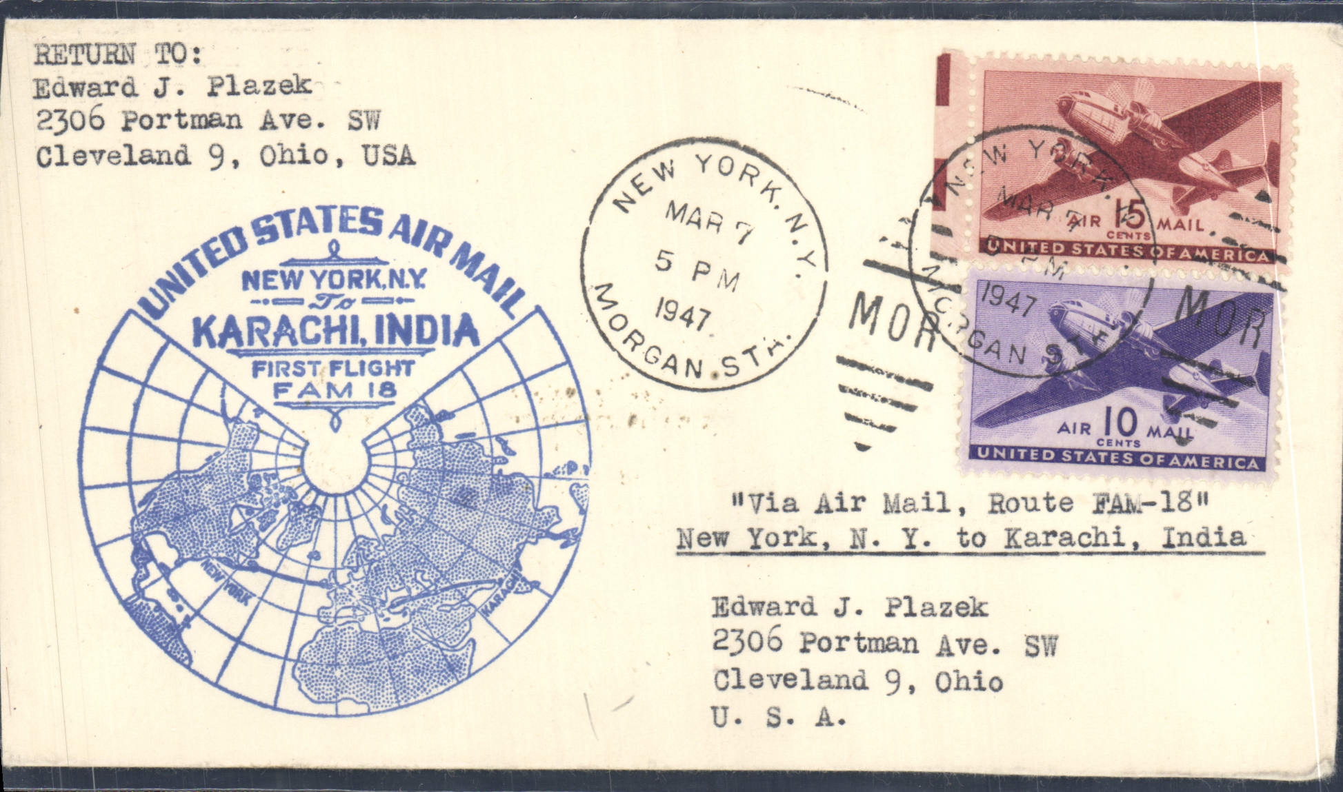 United States letter 1st flight New York Karachi 7 3 1947