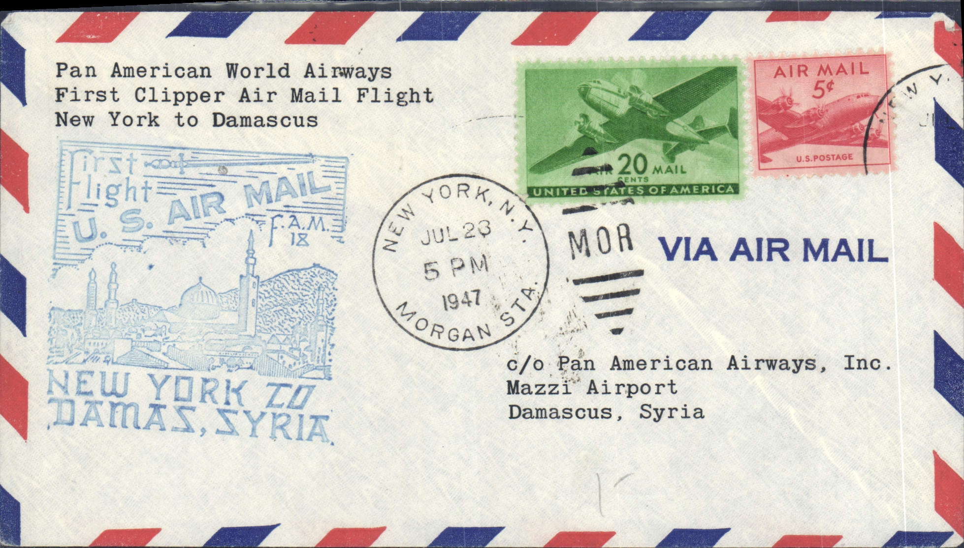 Lettre Etats Unis 1er vol New York Damas Syria 23 7 1947