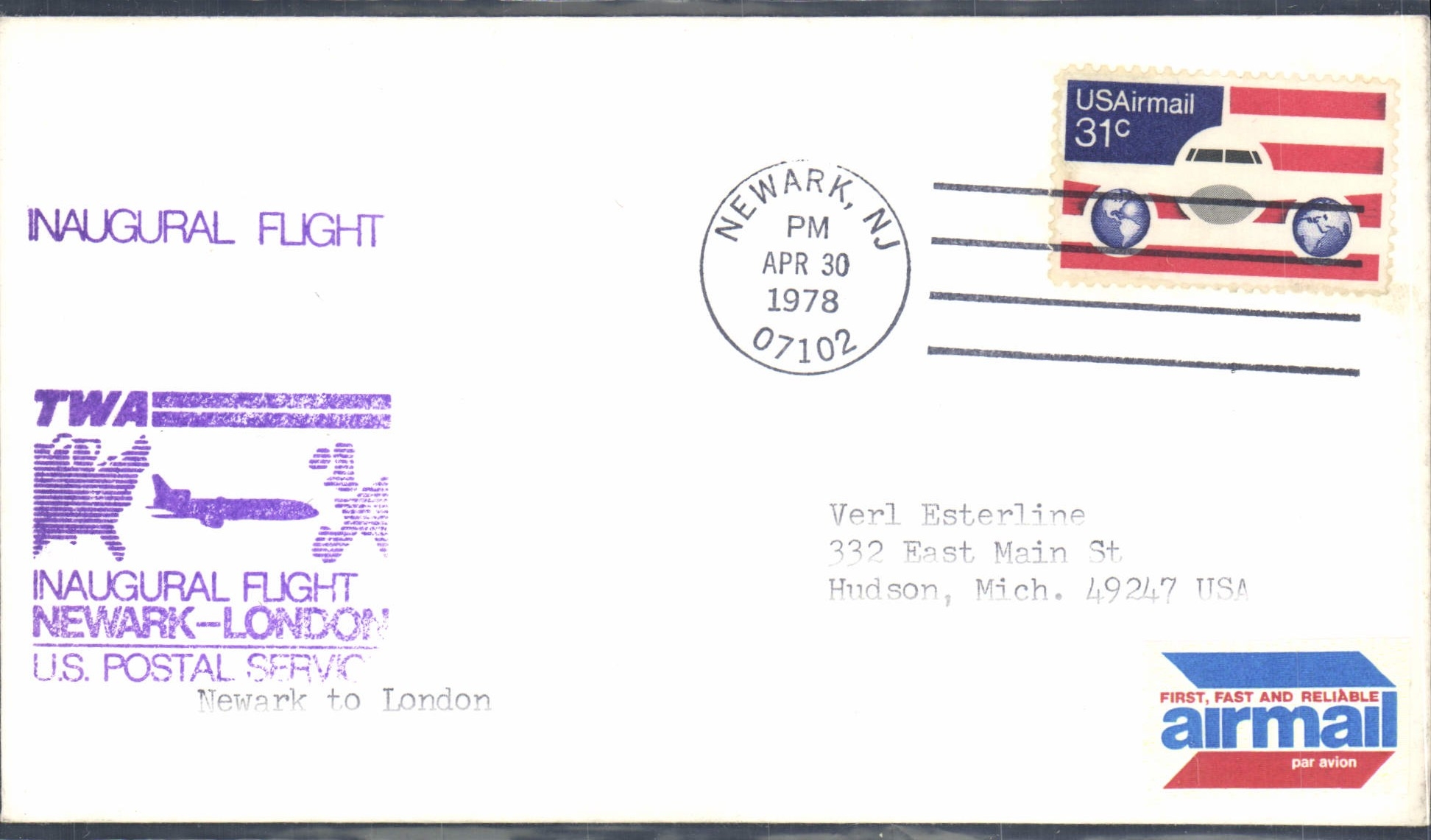United States letter 1st flight Newark London 30 4 1978