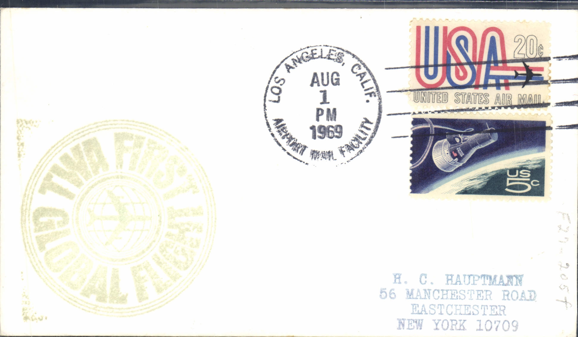 Lettre Etats Unis 1er vol TWA Los Angeles New York 1 8 1969