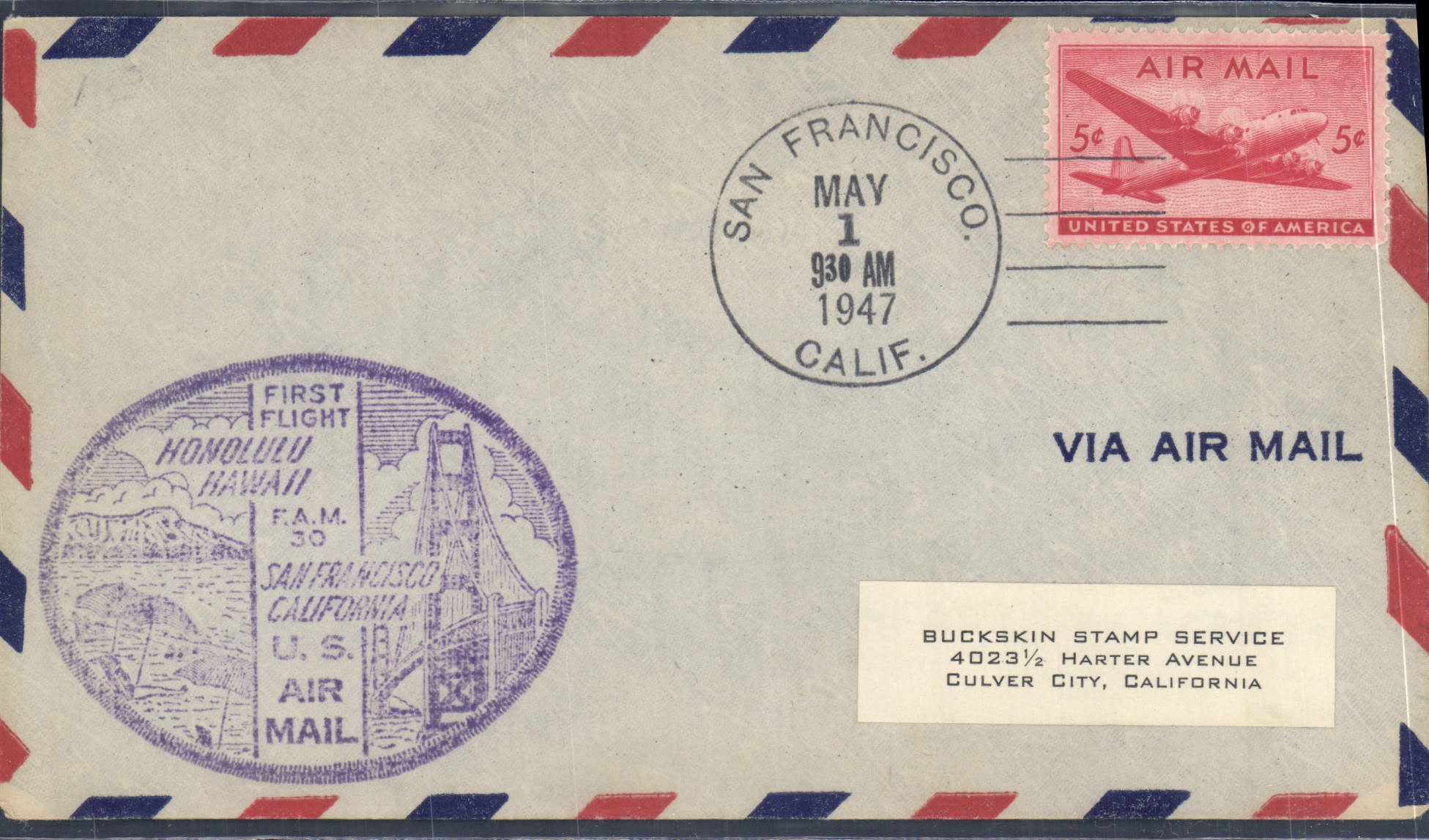 Lettre Etats Unis 1er vol Honolulu Hawaii San Francisco 1 5 1947