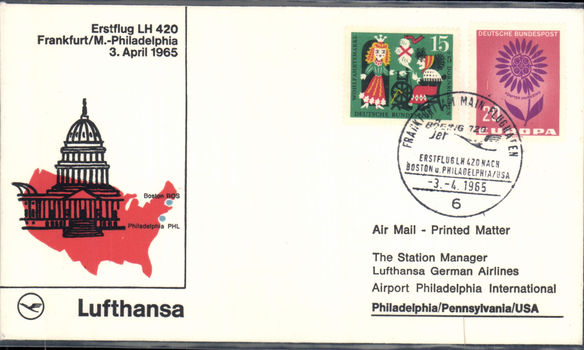 Germany letter 1st flight Frankfurt Philadelphia 3 4 1965 Europa