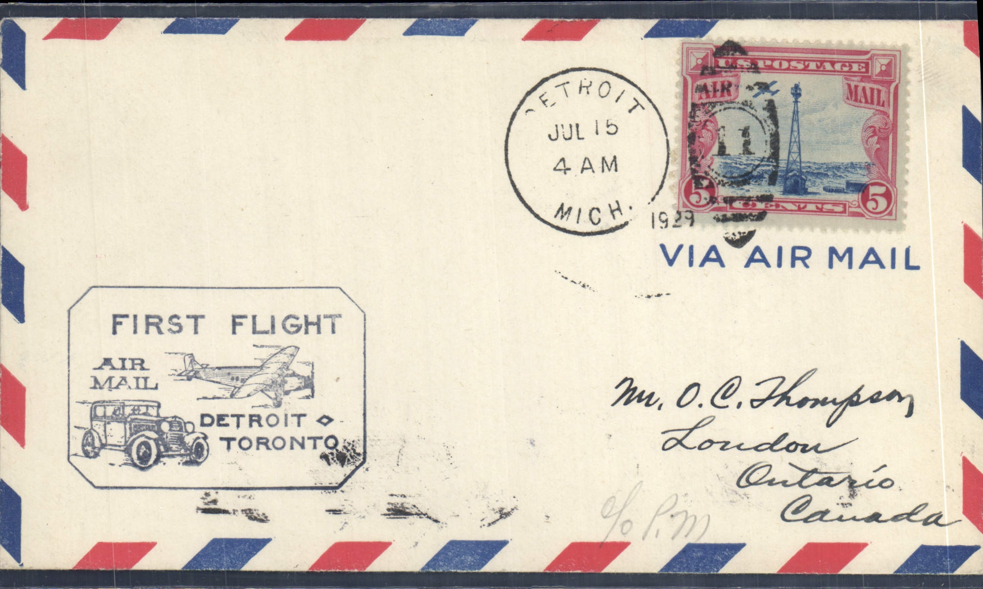 Lettre Etats Unis 1er vol Detroit Toronto Automobile 15 7 1929
