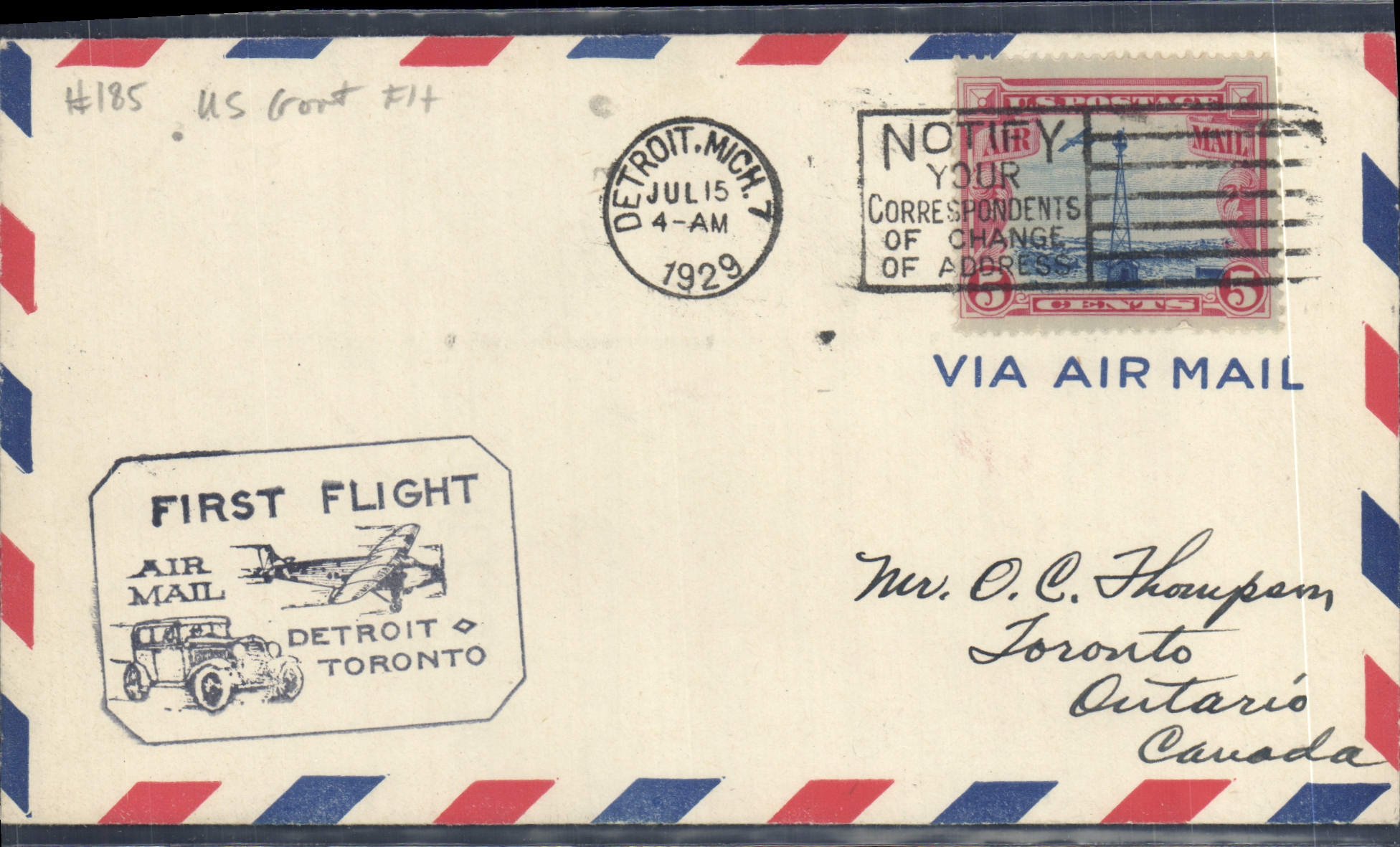 Lettre Etats Unis 1er vol Detroit Toronto Automobile 15 7 1929