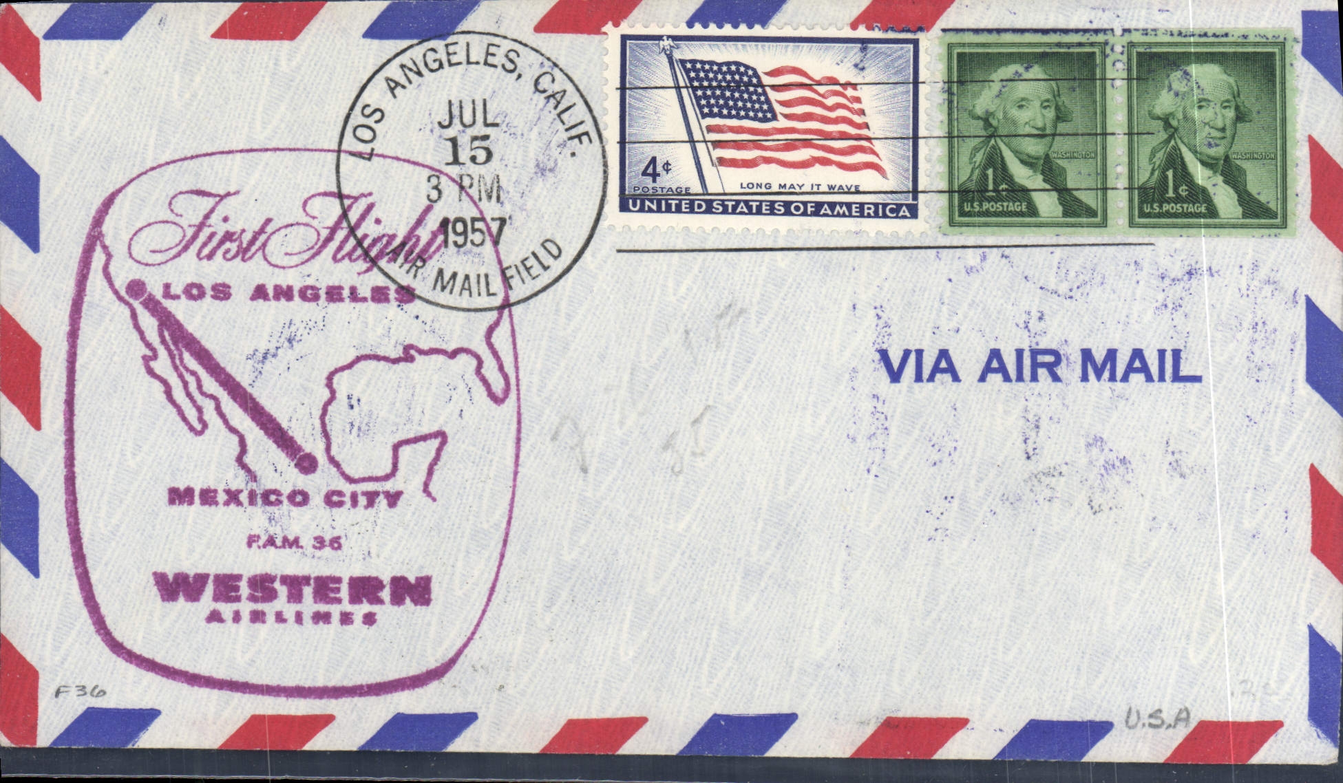 United States letter 1st flight Los Angeles Mexico City city 15 7 1957