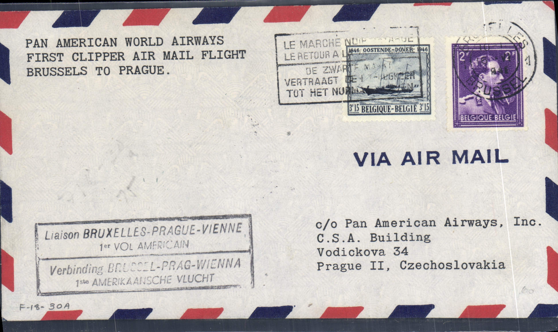 Lettre Belgique 1er vol Bruxelles Prague Vienne 16 6 1946