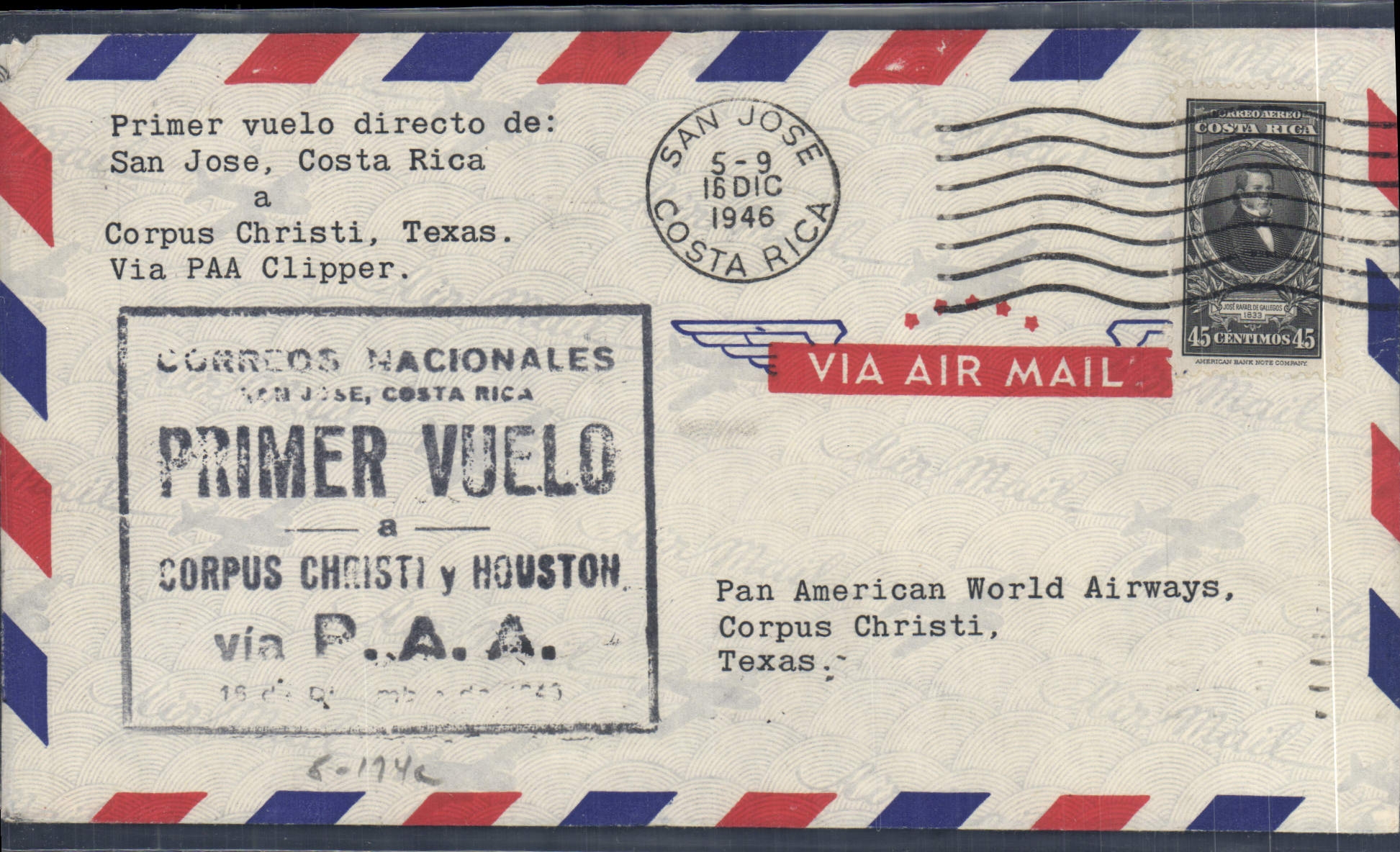 Costa Rica letter 1st flight 16 12 1946 San Jose Corpus Christi