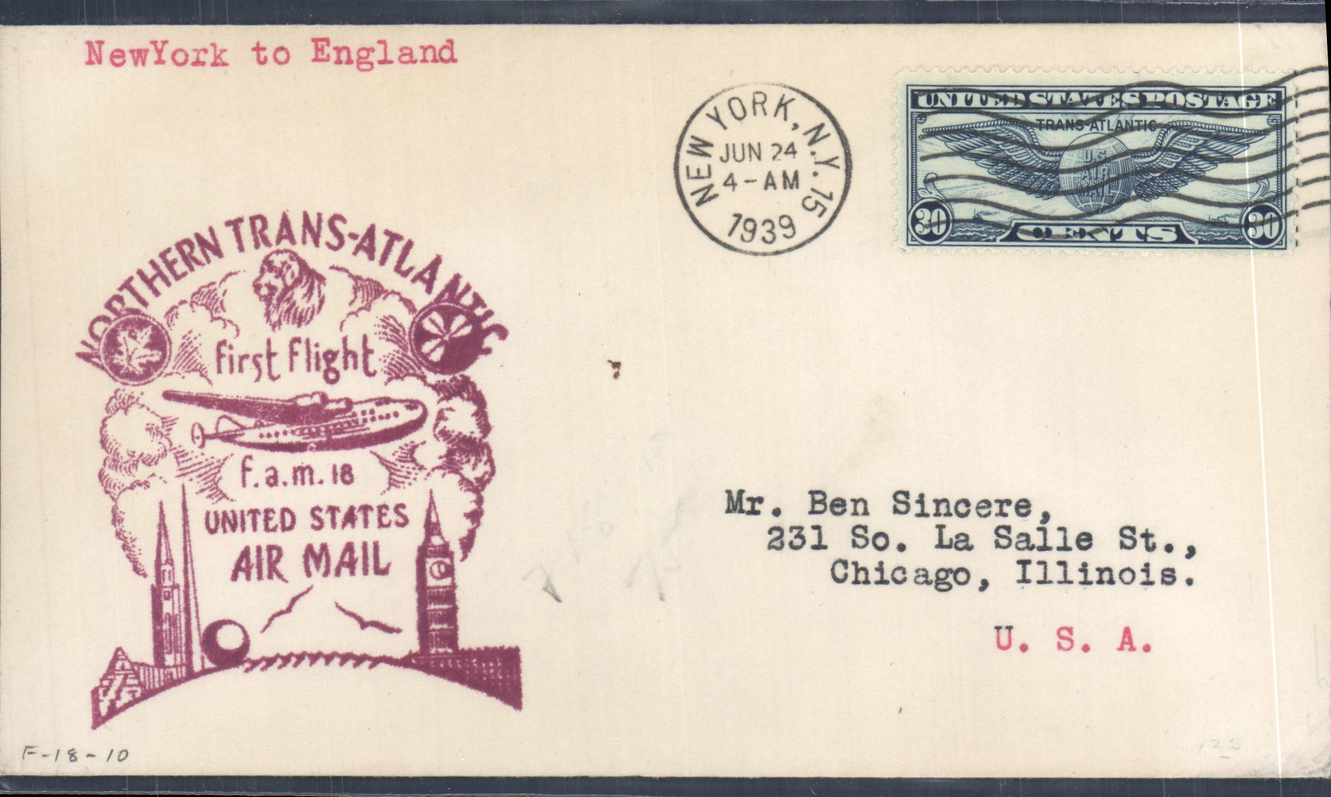 Lettre Etats Unis 1er vol New York Engalnd 24 6 1939 Chein 