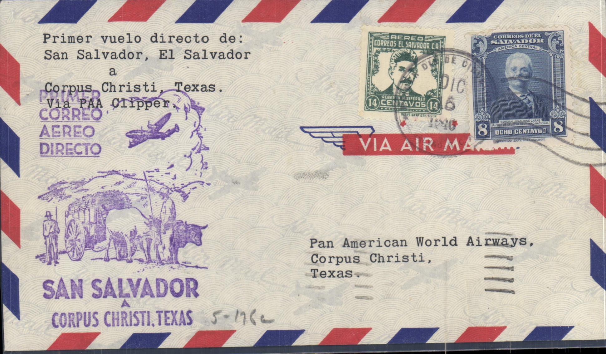 San Salvador letter 1st flight Corpus Christi 16 12 1946
