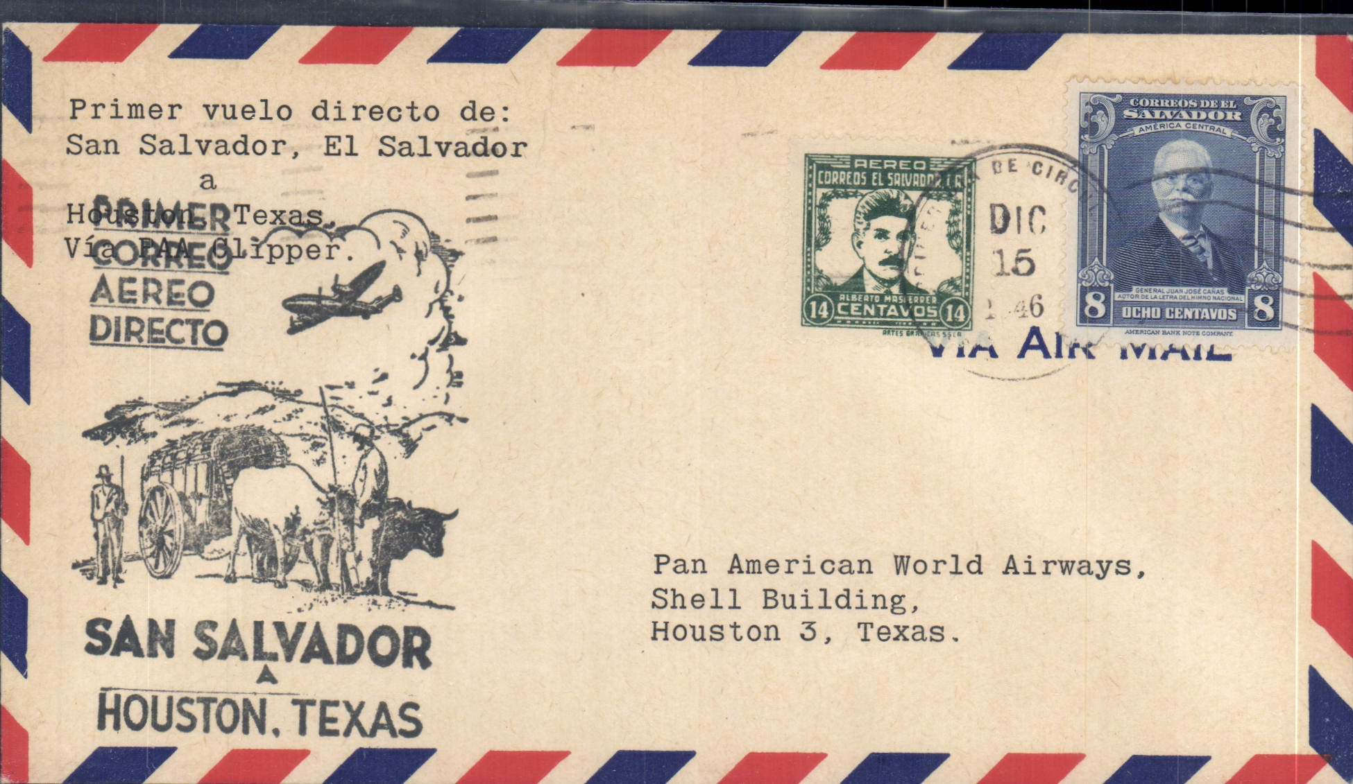 San Salvador letter 1st flight Houston 15 12 1946