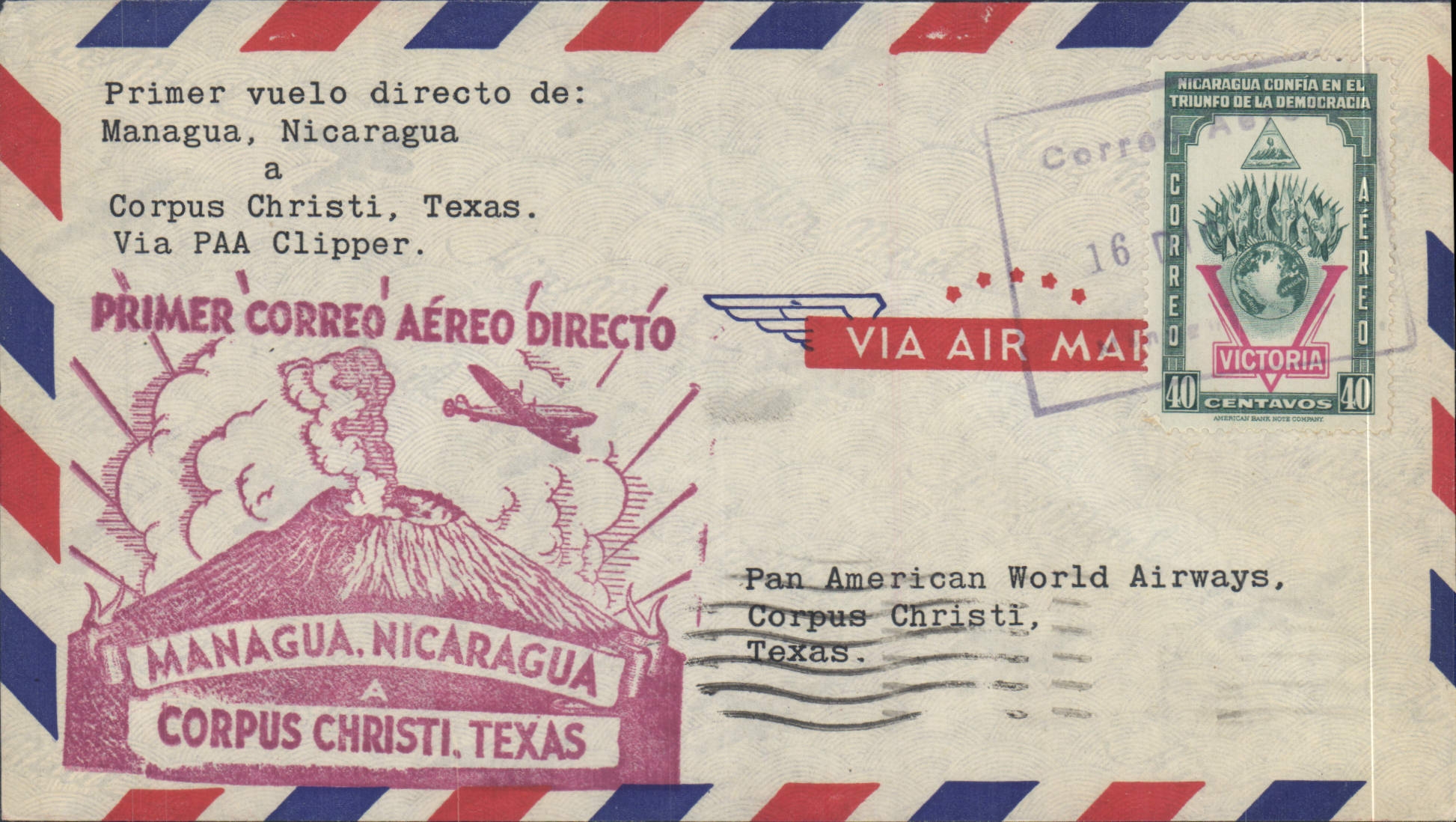 Lettre Nicaragua 1er vol Managua Corpus Christi 16 12 1946