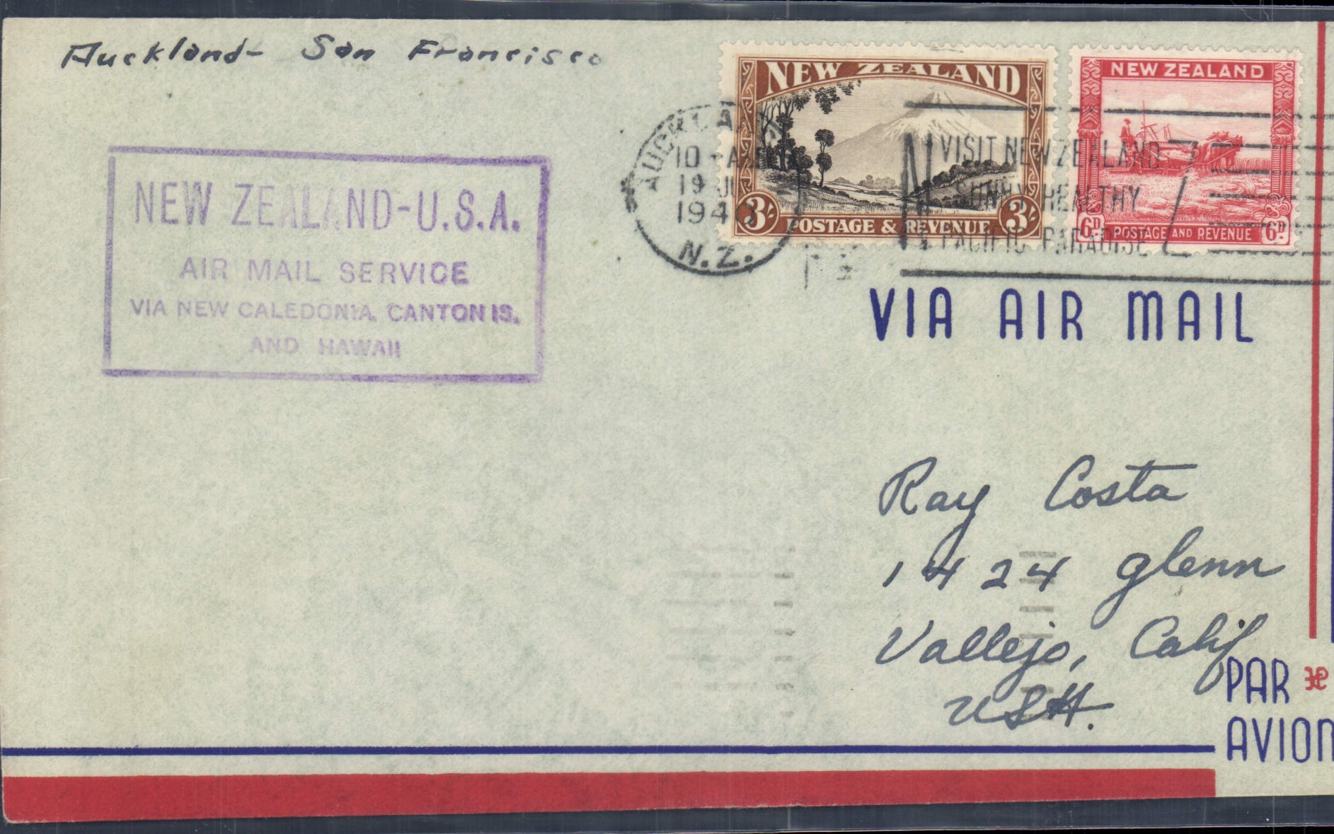 Letter New Zealand 1st flight tp the USA 19 6 1940