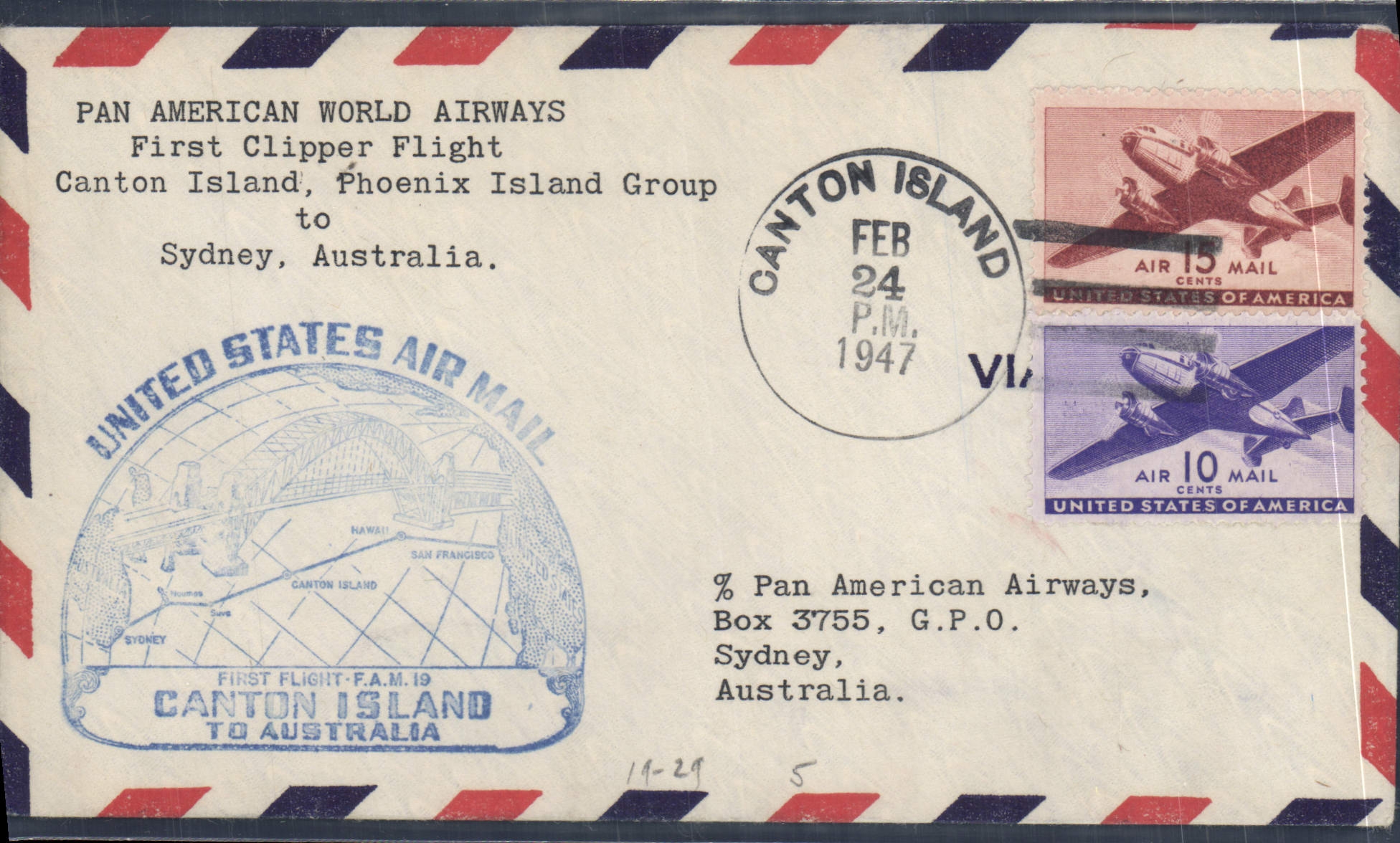 Lettre Etats Unis 1er vol Canton Island to Sydney 24 2 1947
