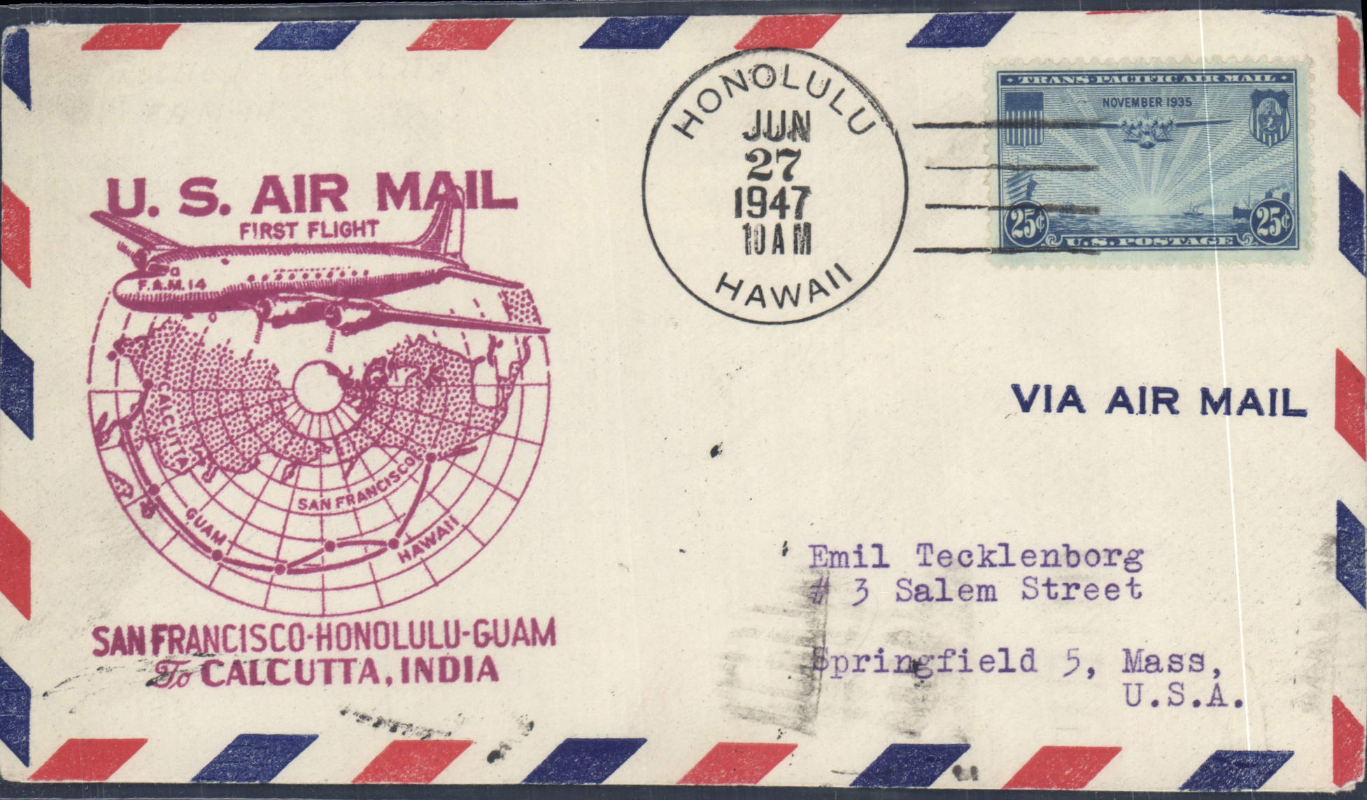 United States letter 1st flight San Francisco Honolulu Hawaii Calcutta 27 6 1947