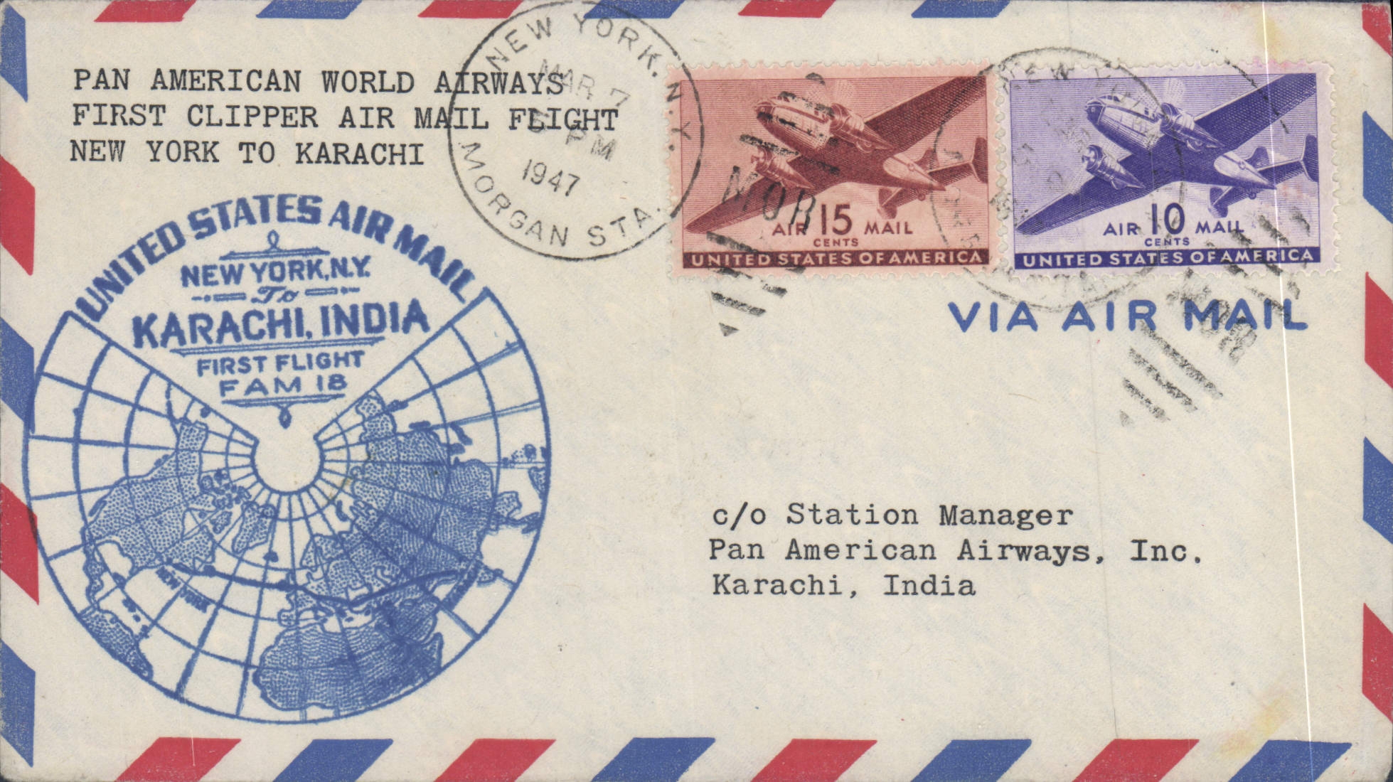 Lettre Etats Unis 1er vol New York Karachi 7 3 1947