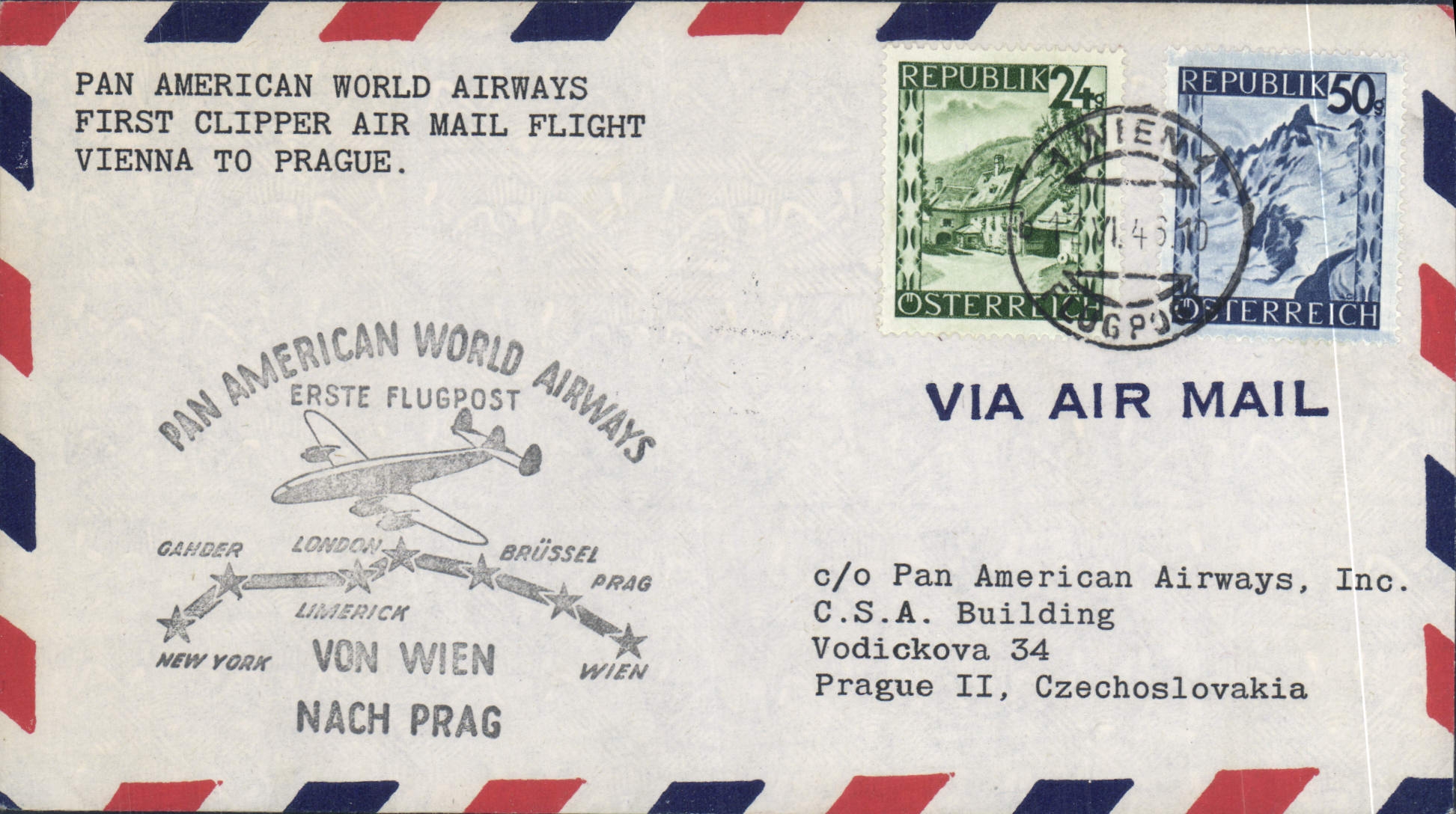 Austria letter 1st flight Vienna to Prague 6.196