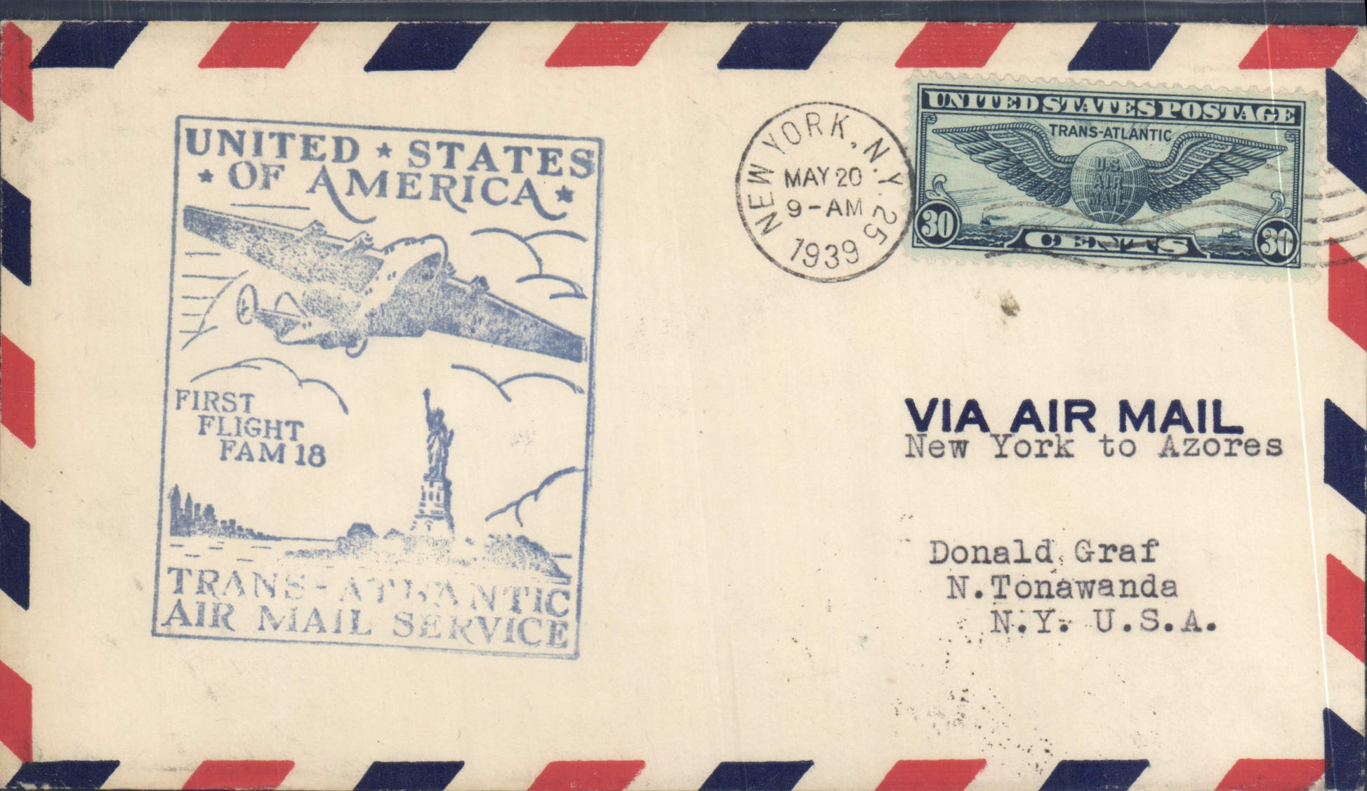 Lettre 1er Vol Etats Unis FAM18 New York 20 5 1939