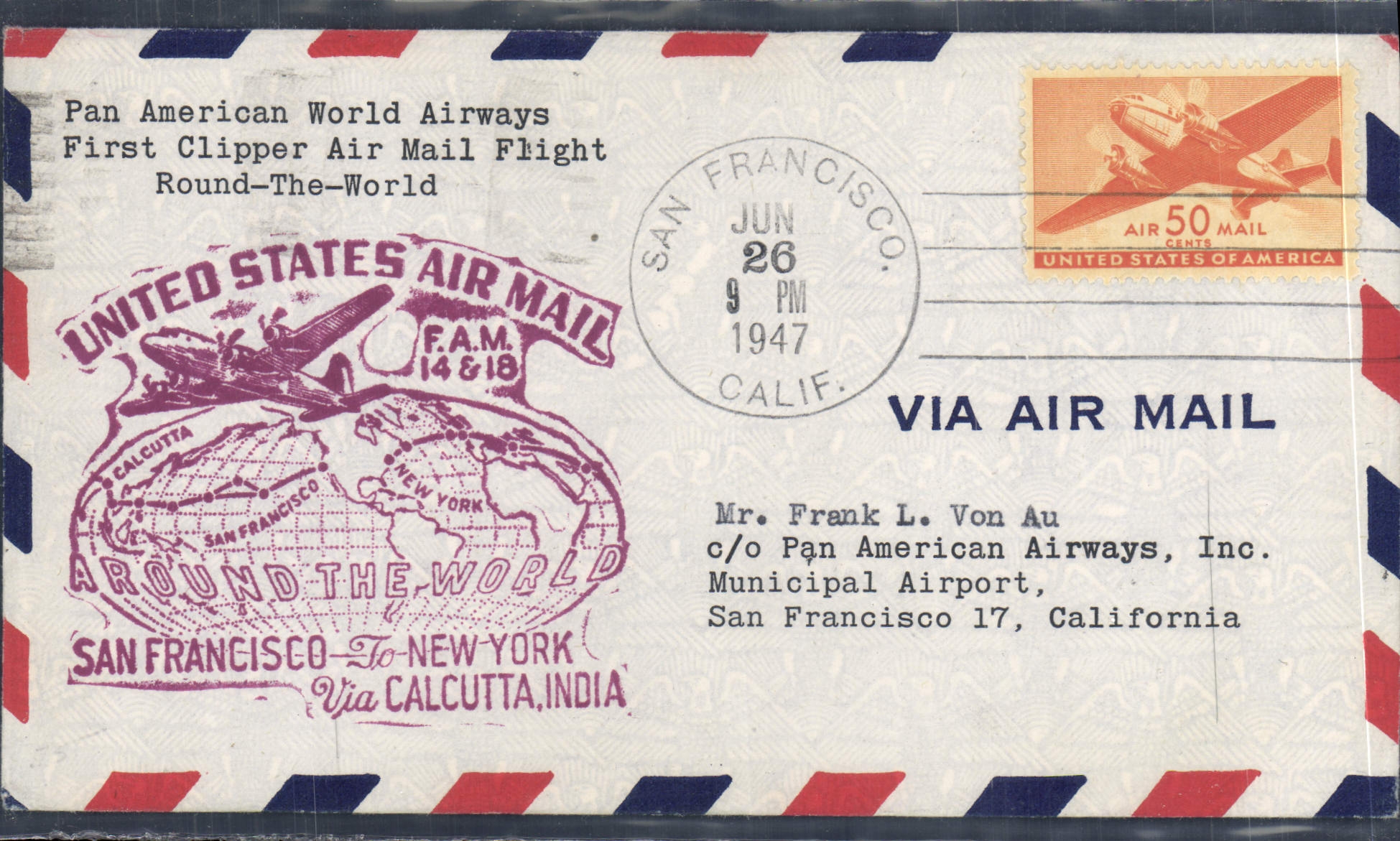 Lettre 1er Vol Etats Unis San Francisco New York Calcutta 26 6 1947