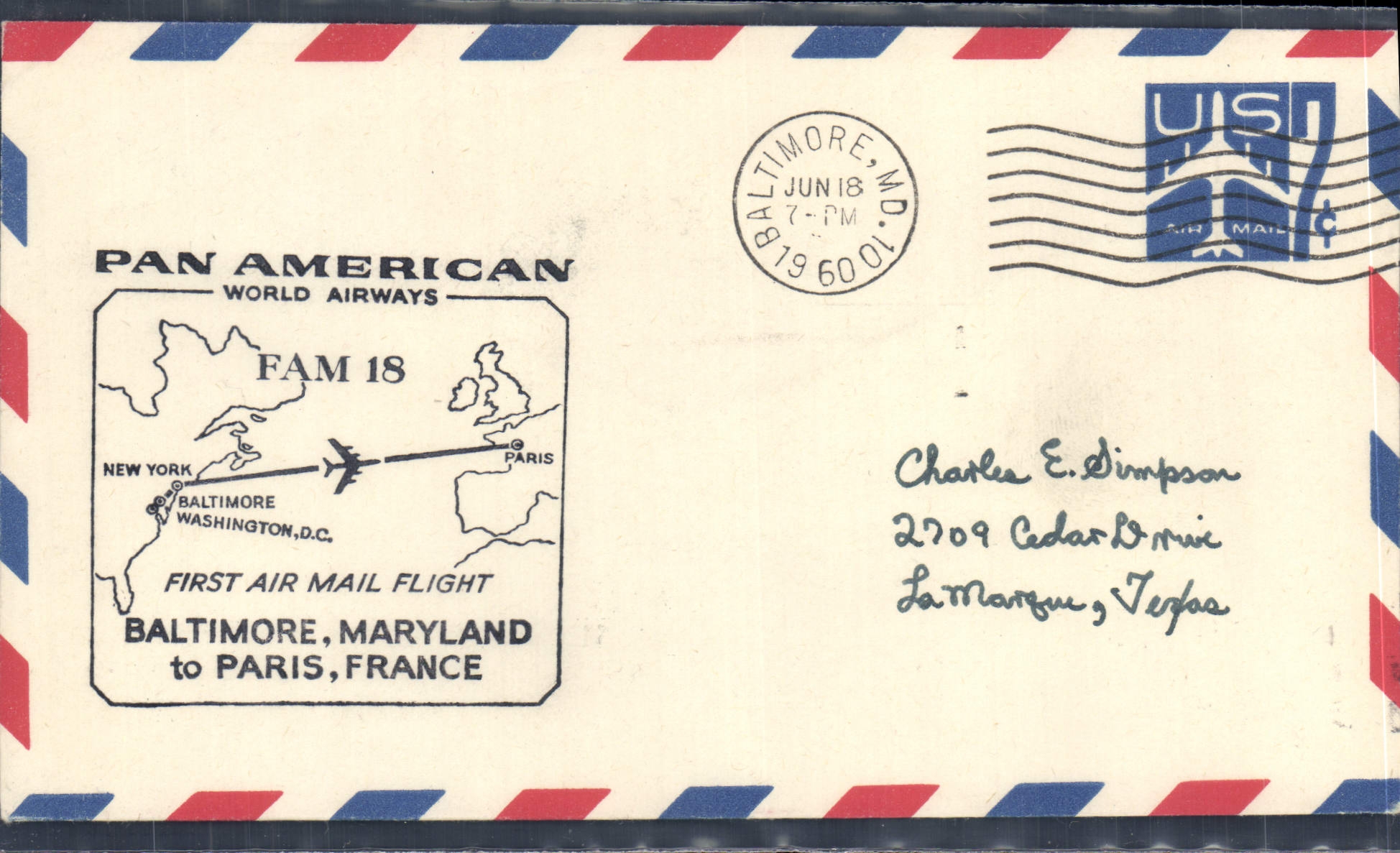 Lettre 1er Vol Etats Unis Baltimore Paris 18 6 1960