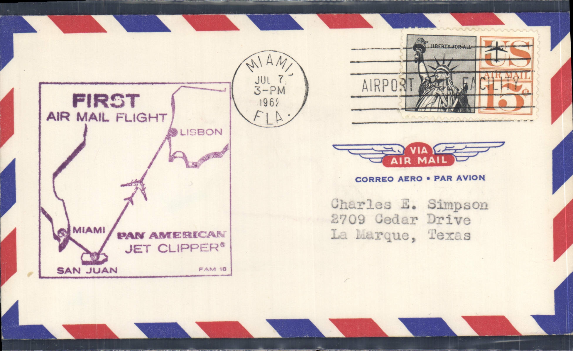 Lettre 1er Vol Etats Unis Miami San Juan Lisbon 7 7 1962