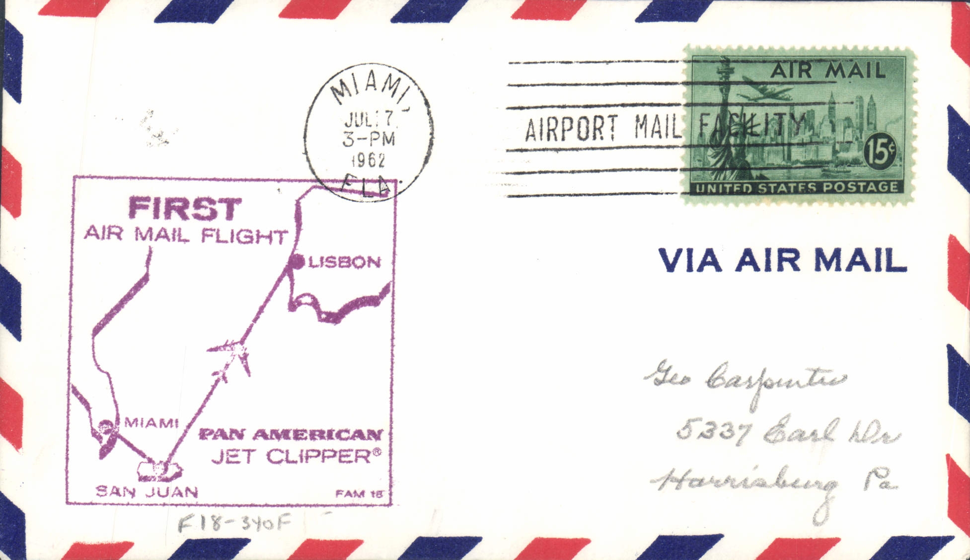 Lettre 1er Vol Etats Unis Miami San Juan Lisbon 7 7 1962