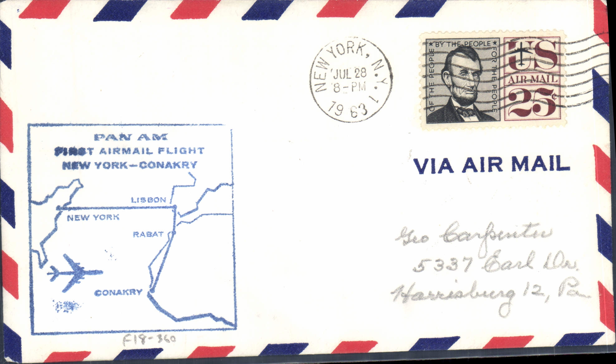 Lettre 1er Vol Etats Unis New Yorl Lisbon Rabat Conakry 28 7 1963