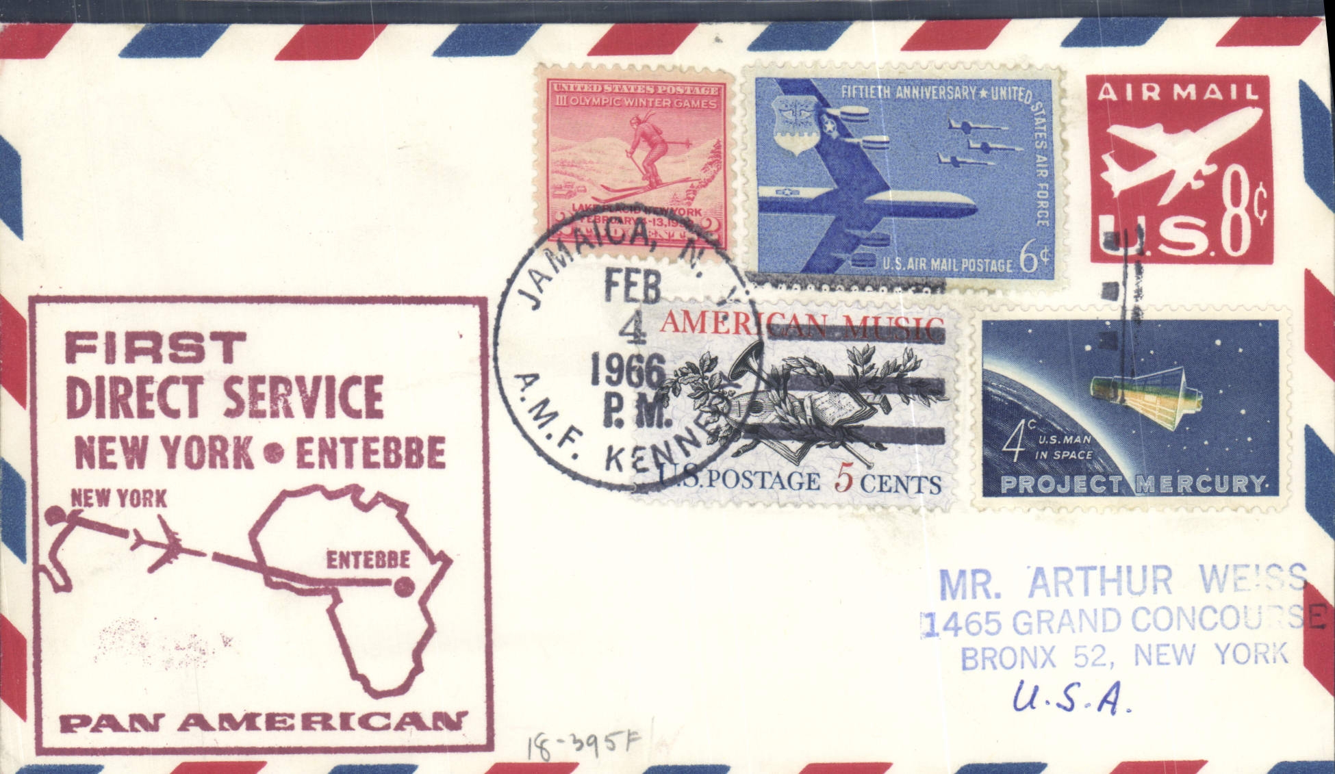 Lettre 1er Vol Etats Unis New York Entebbe 4 2 1966