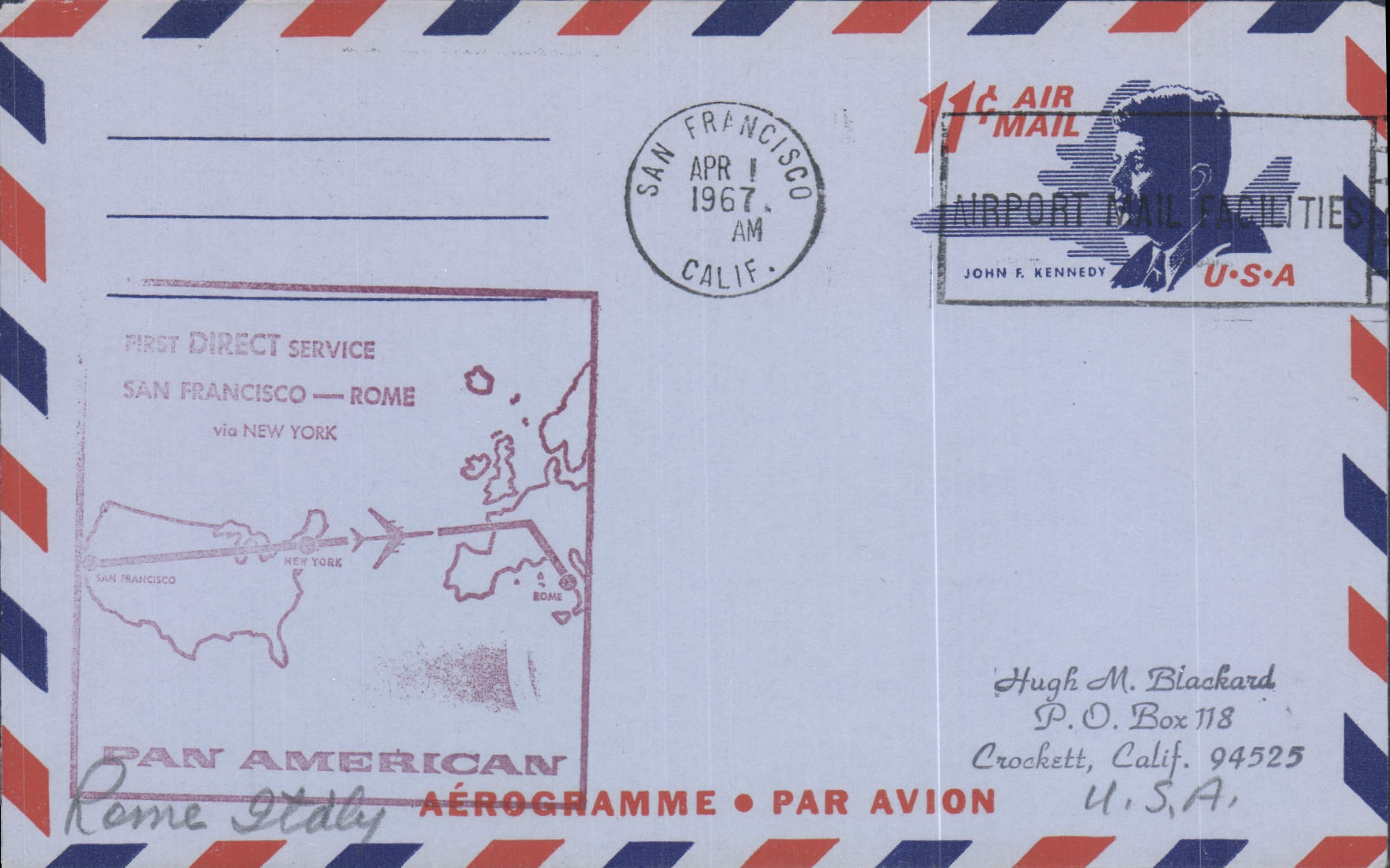 Air letter 1st Flight the United States San Francisco Rome 1 4 1967 Kennedy