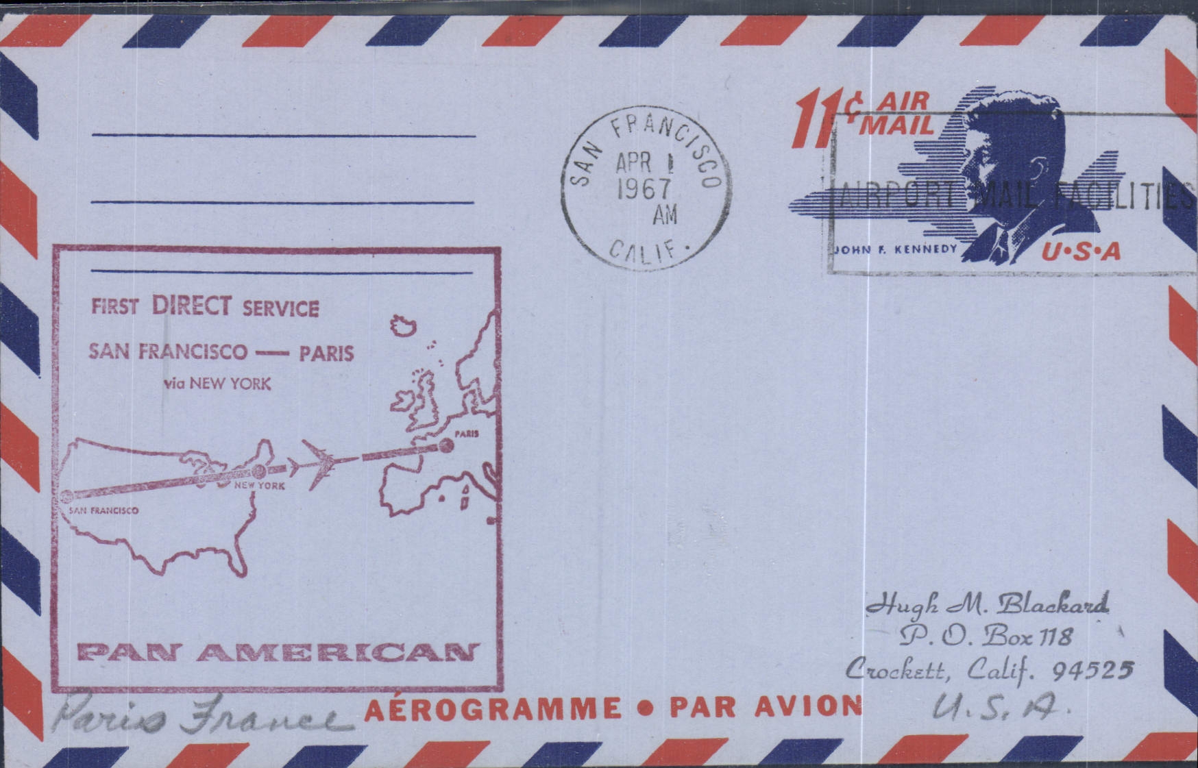 Aerogramme 1er Vol Etats Unis San Francisco Paris 1 4 1967 Kennedy