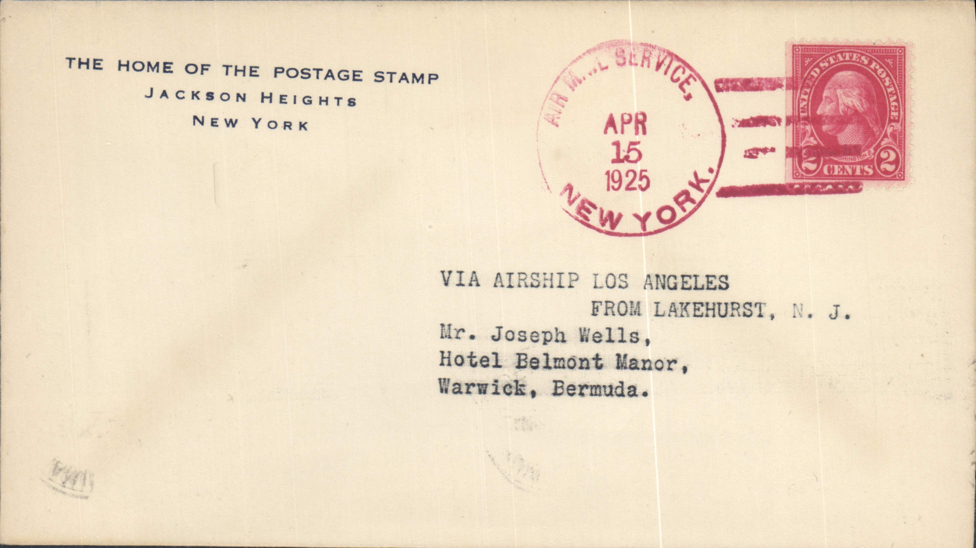 Lettre Air Mail service 15 4 1925 New York to Warwick Bermuda Rare