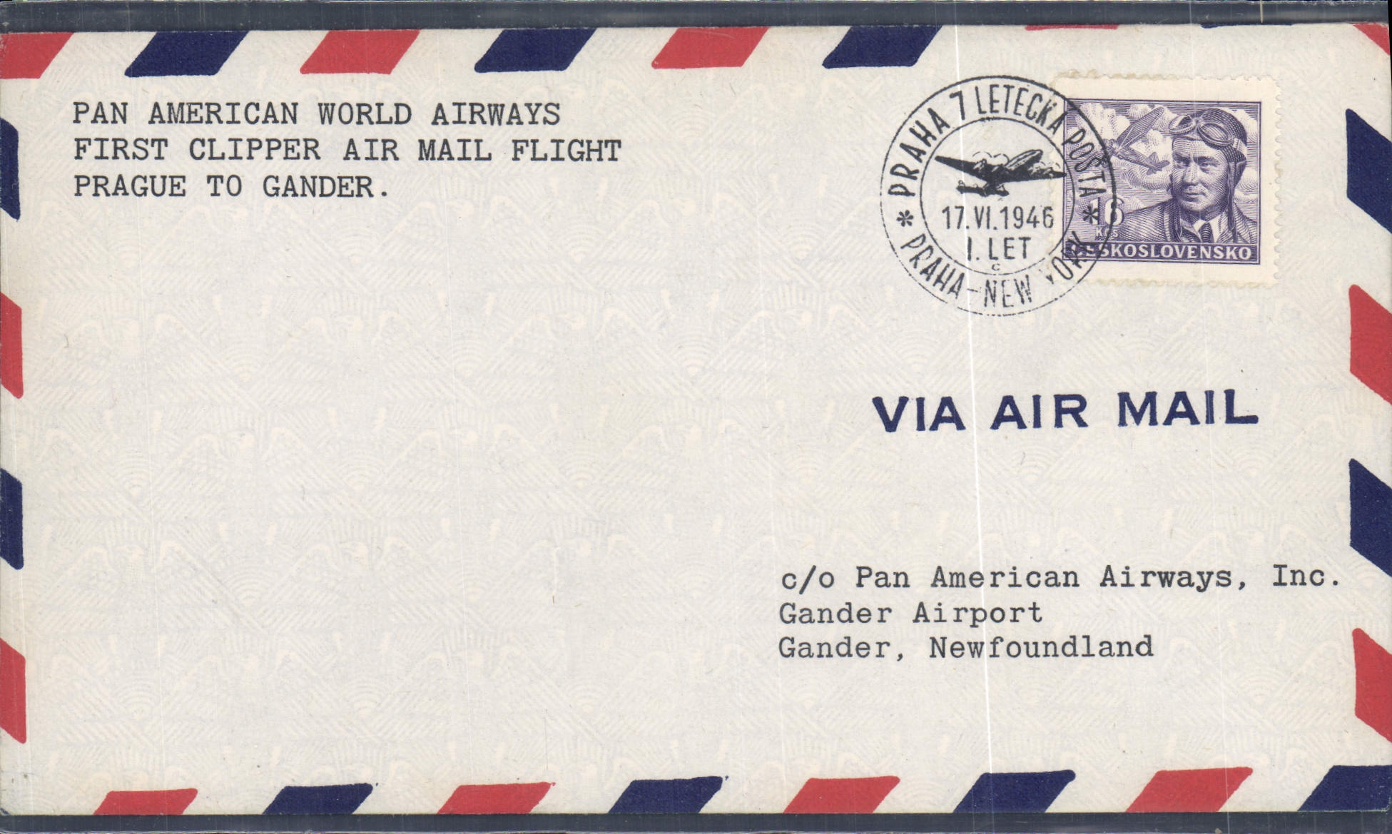 Lettre 1er Vol Tchecoslovaquie Prague to Gander 17 6 1946