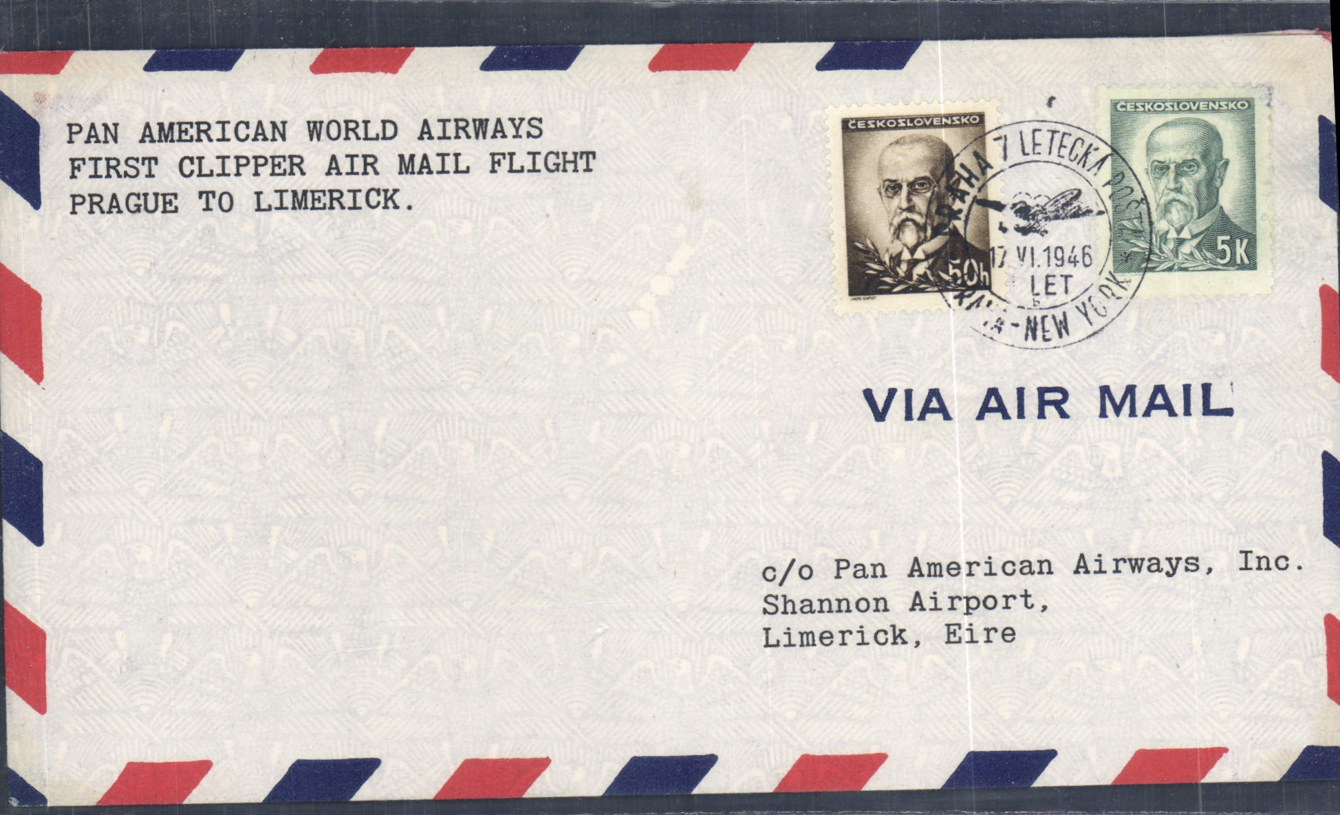 Letter 1st Flight Czechoslovakia Prague to Limercik Irland Ireland Eire 17 6 1946