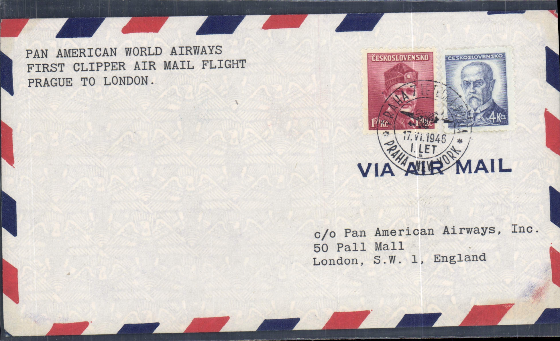 Lettre 1er Vol Tchecoslovaquie Prague to London 17 6 1946 