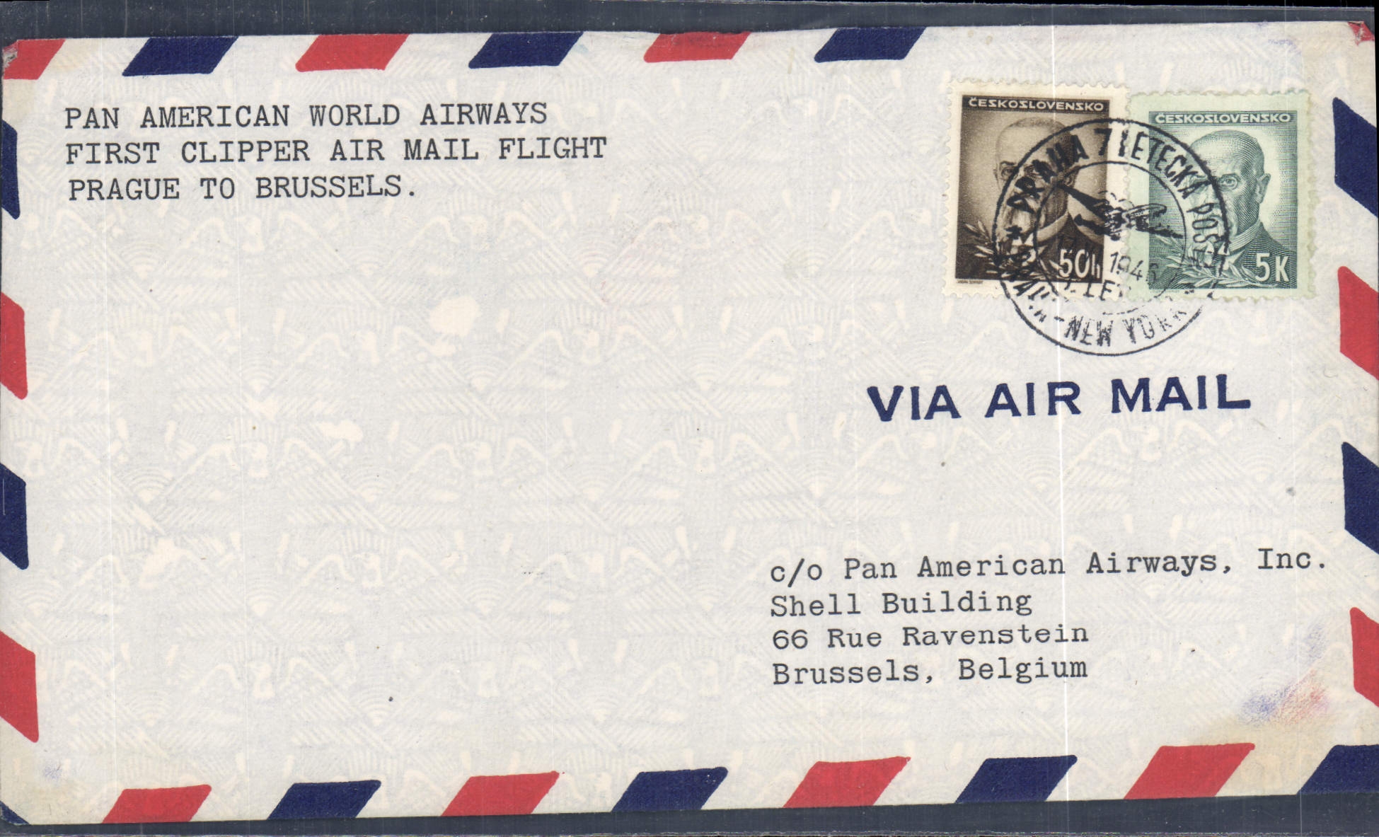 Lettre 1er Vol Tchecoslovaquie Prague to Brussels 17 6 1946