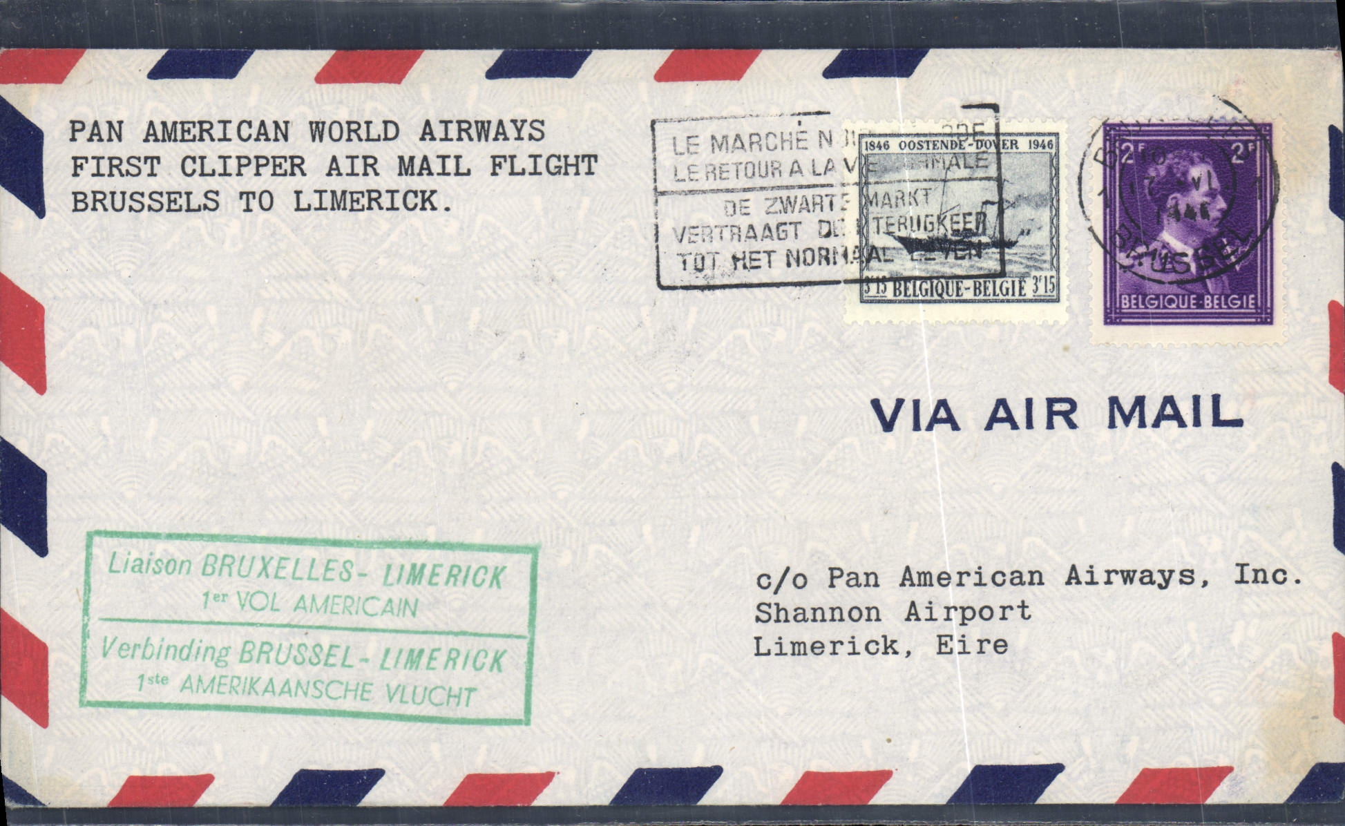 Lettre 1er Vol Belgique Brussels to Limerick Irlande Ireland Eire 17 61946