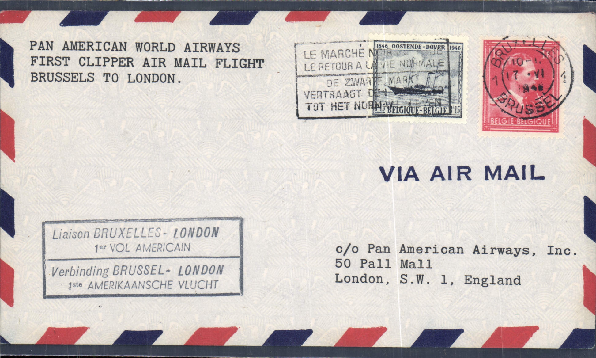 Letter 1st Flight Belgium Brussels to London 17 6 1946
