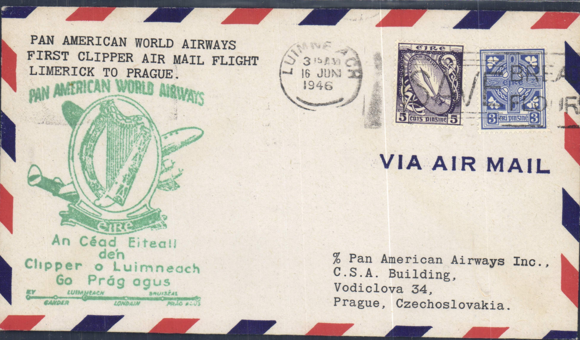 Letter 1st Flight Ireland Limerick to Prague 16 6 1946