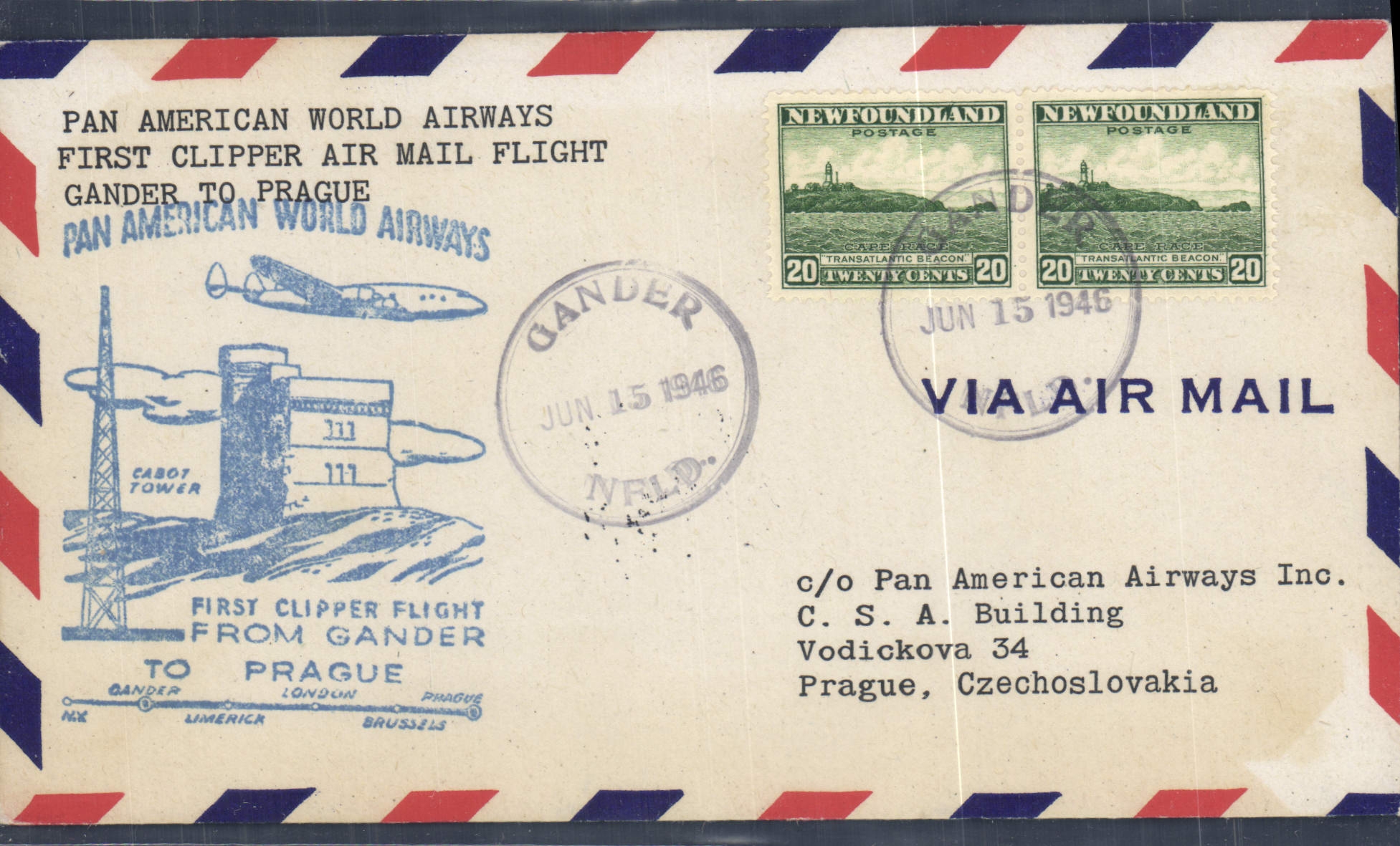Lettre 1er Vol Newfoundland Gander to Prague 15 6 1946