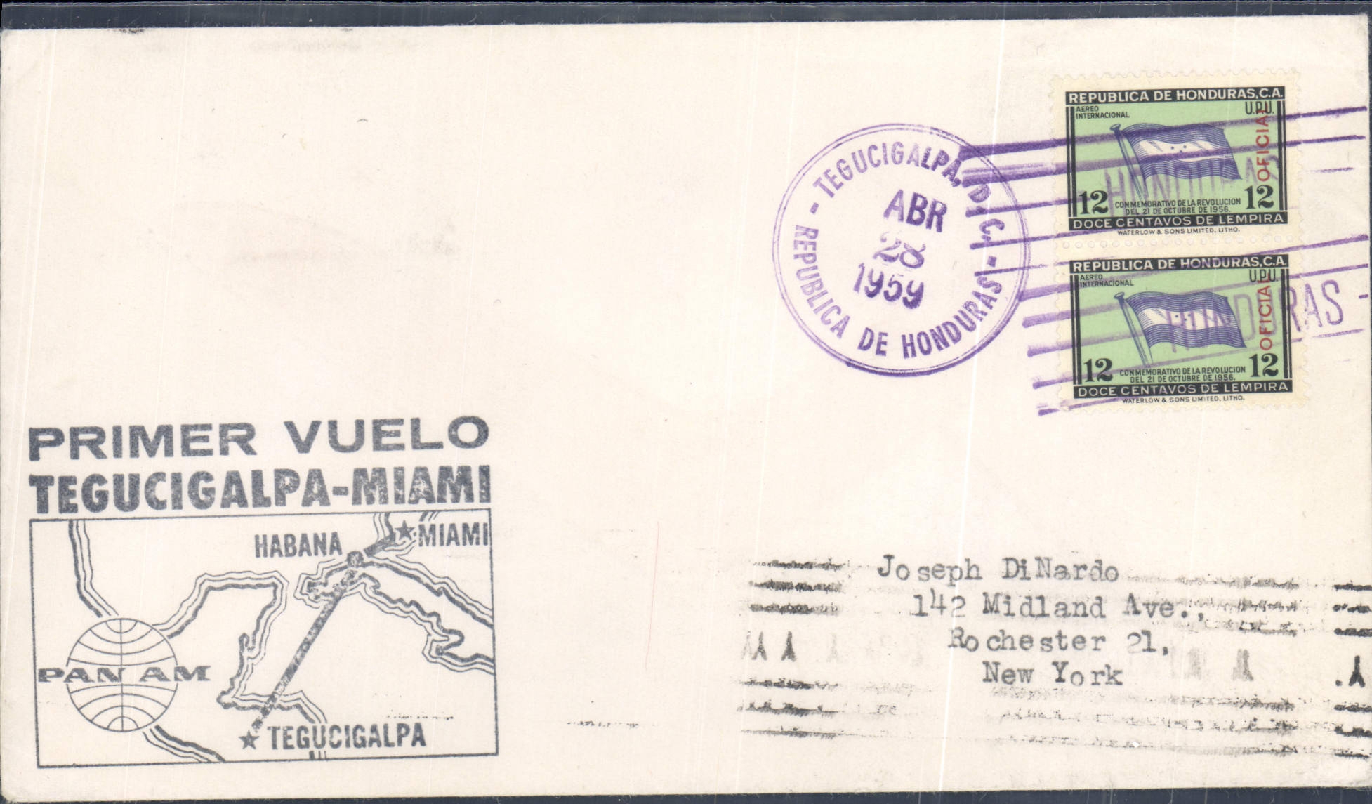 Letter 1st Flight Honduras Tegucigalpa Miami 28 4 1959